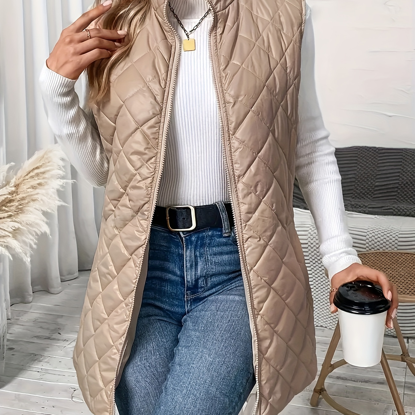 

Quilted Zip Up Fluffy , Sleeveless Gilet For Fall & , Women's Clothing