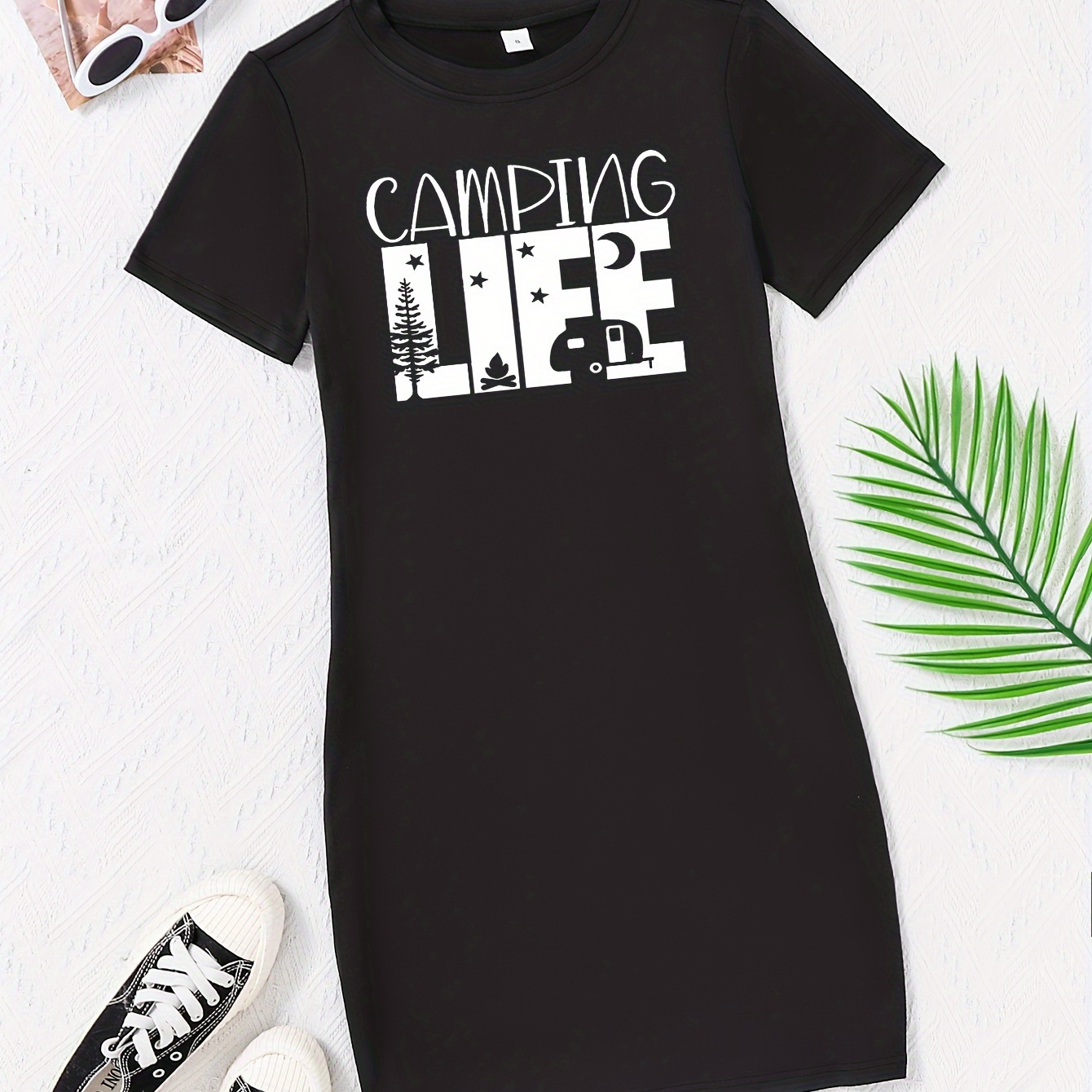 

Camping Life Letter Print Tee Dress, Short Sleeve Crew Neck Casual Dress For Summer & Spring, Women's Clothing