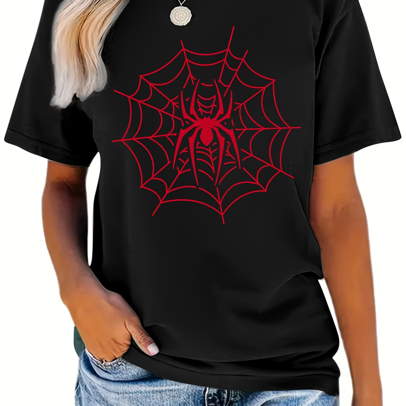 

Spider & Web Print Casual T-shirt, Round Neck Short Sleeves Stretchy Sports Tee, Halloween Women's Comfy Tops