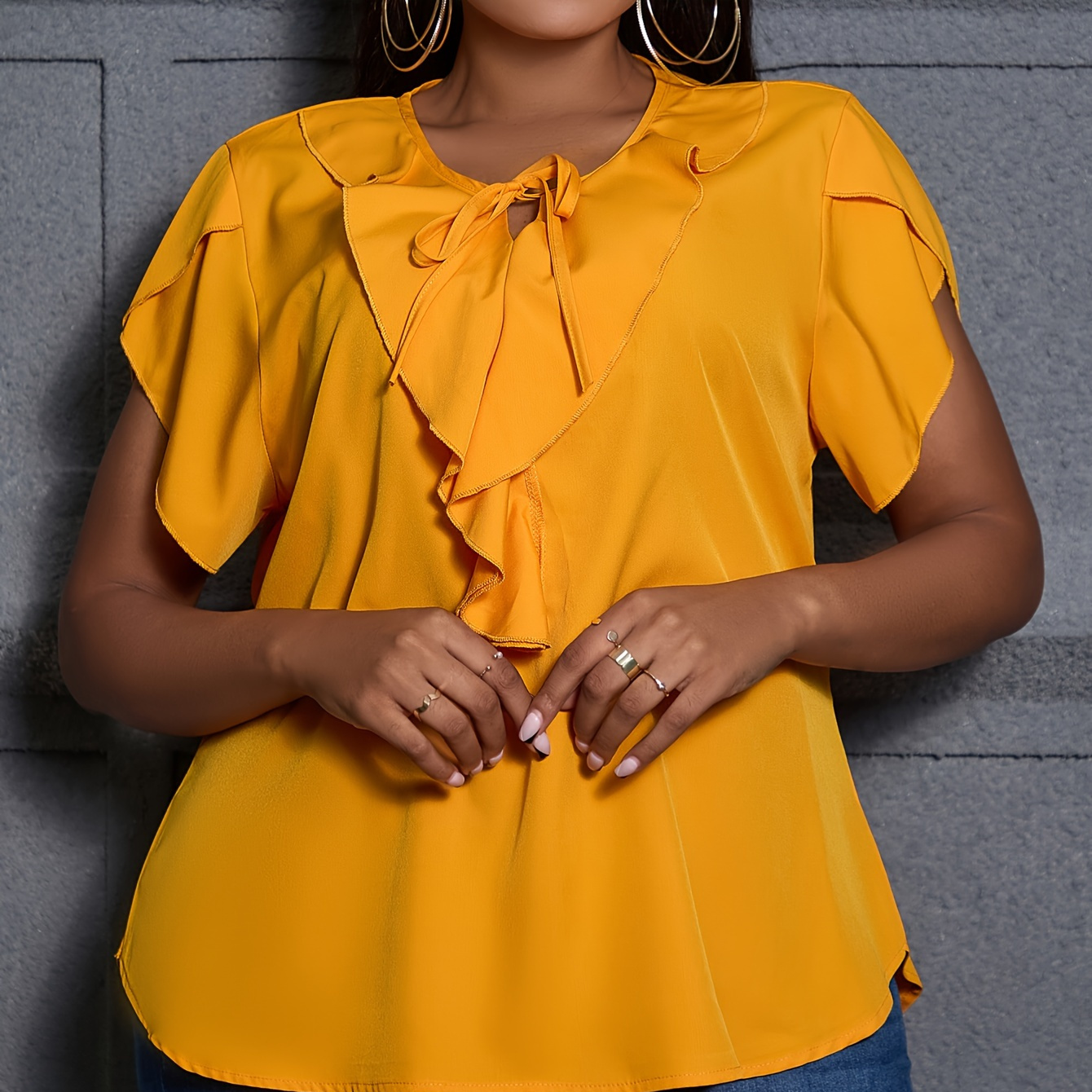 

Plus Size Asymmetrical Sleeve Top, Casual Tie-neck Top For Summer, Women's Plus Size clothing