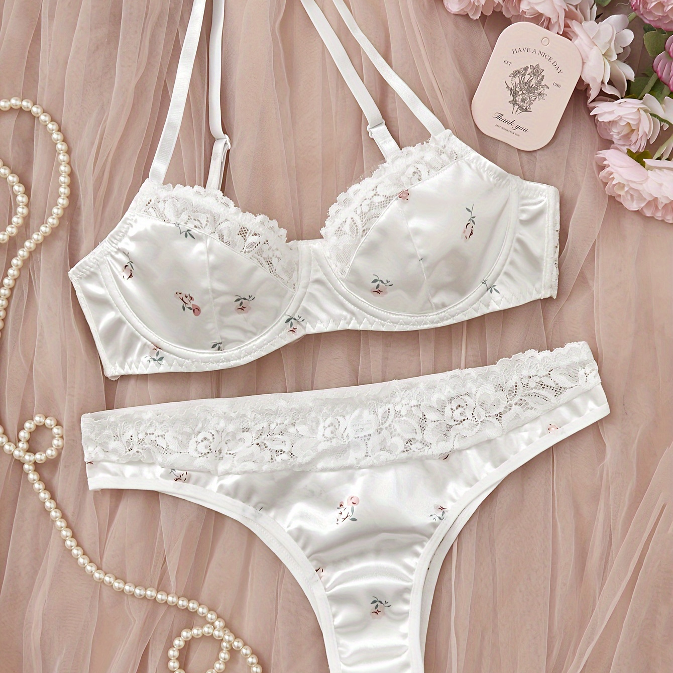 

Women's 2-piece Lingerie Set, Elegant Floral Print With Lace Detail, Satin Bra And Panty Set, Women's Lingerie & Underwear