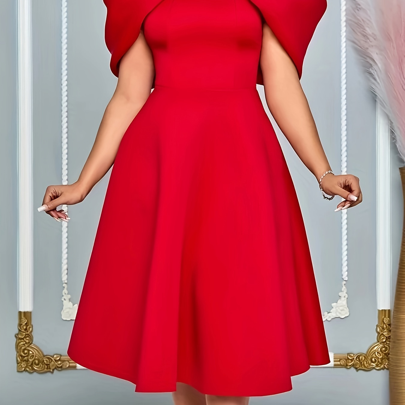 

Robe Midi Élégante et Sexy en Rouge à Épaules Dénudées pour Femme - Robe de Soirée Chic A-Line avec Détail à Volants, Mélange de Polyester Extensible, Lavable en Machine