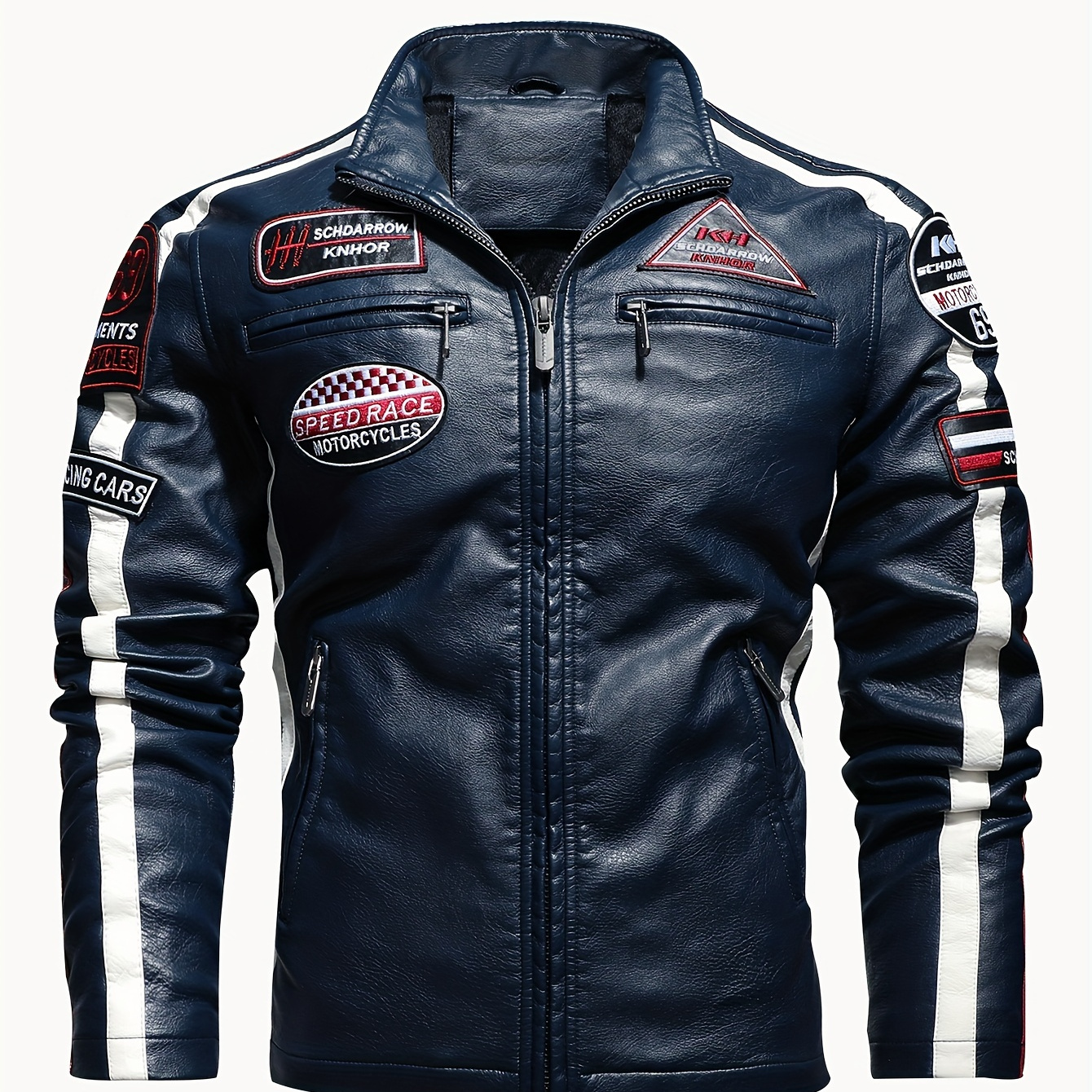 

Men's Retro Style Long Sleeve Zip Up Motorcycle Jacket With Stand Collar, Zippered Pockets And Label Pieces, Stylish And Trendy Jacket With Fleece For Outdoors Wear