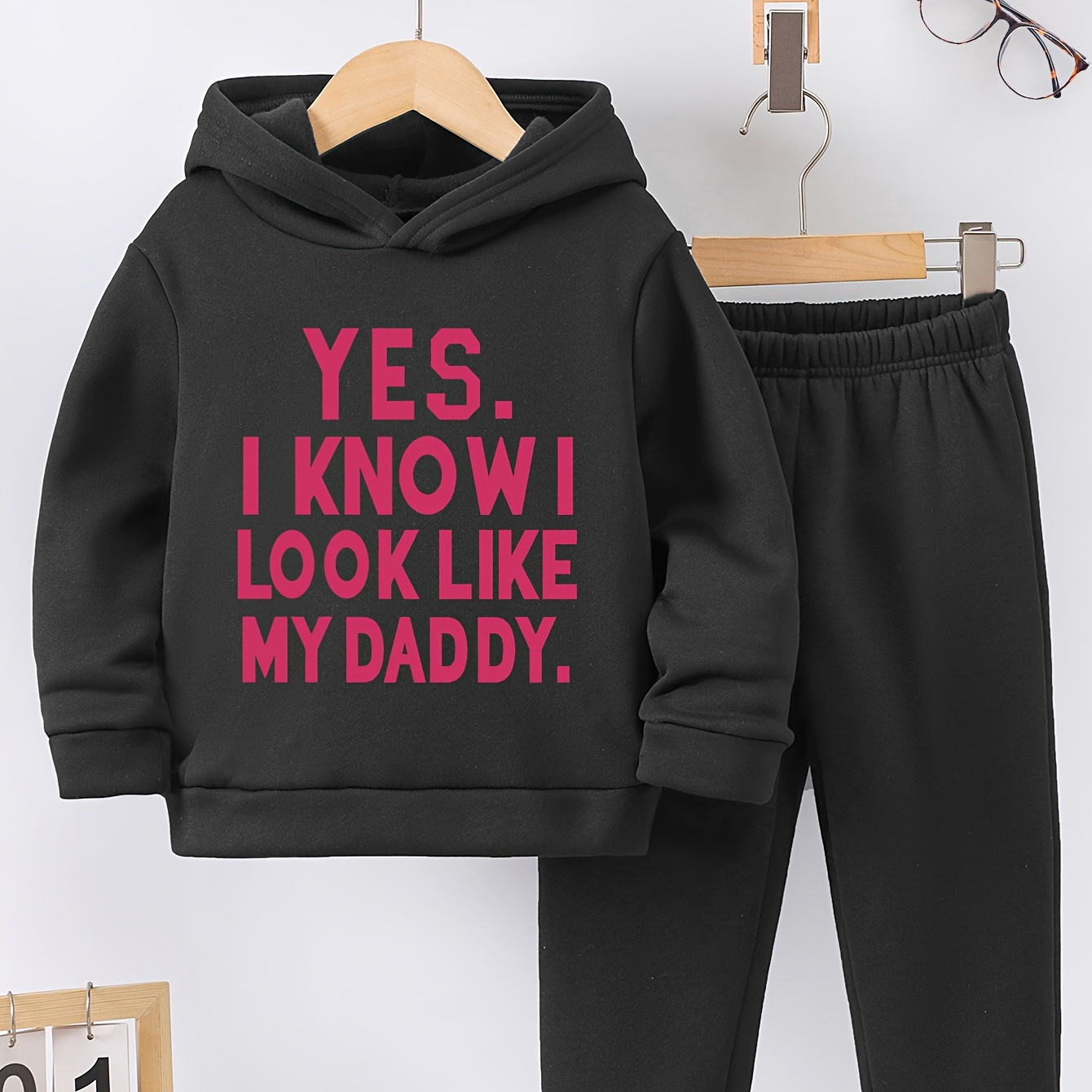 

Girls I Look Like My Daddy Letter Print Thermal Lined Hoodie & Sports Trousers Set, Winter/fall