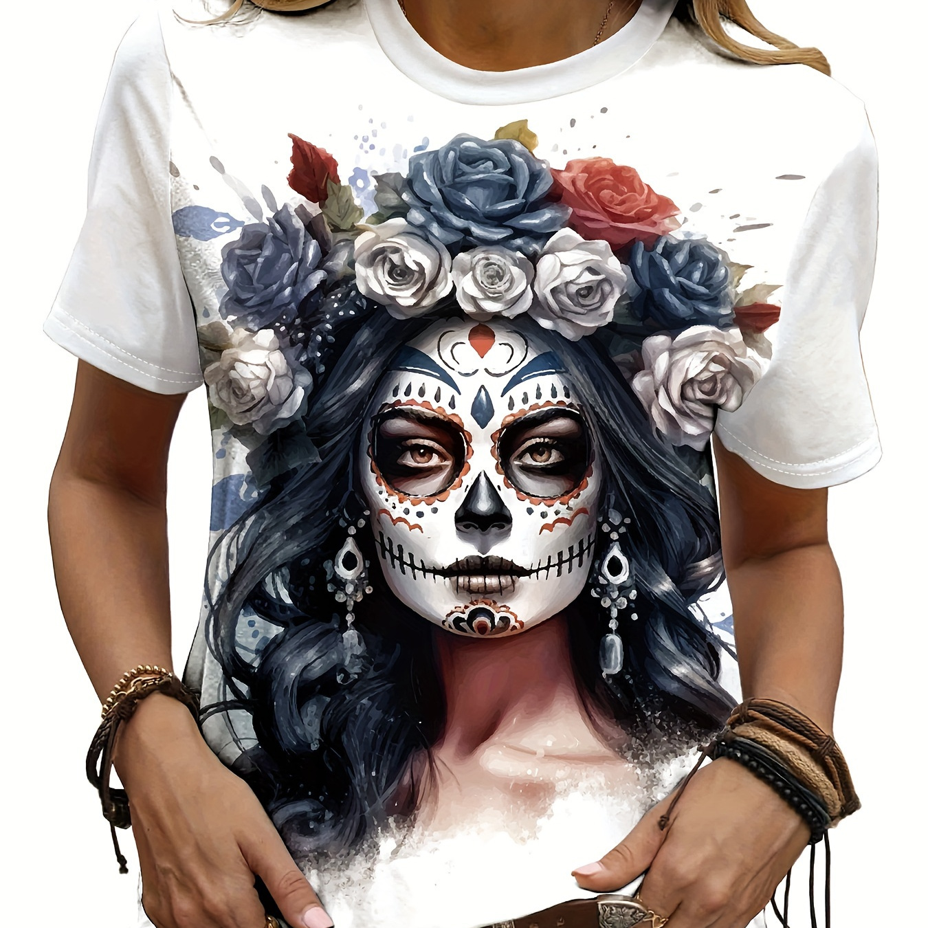 

Punk Portrait Print Crew Neck T-shirt, Casual Short Sleeve Top For Spring & Summer, Women's Clothing