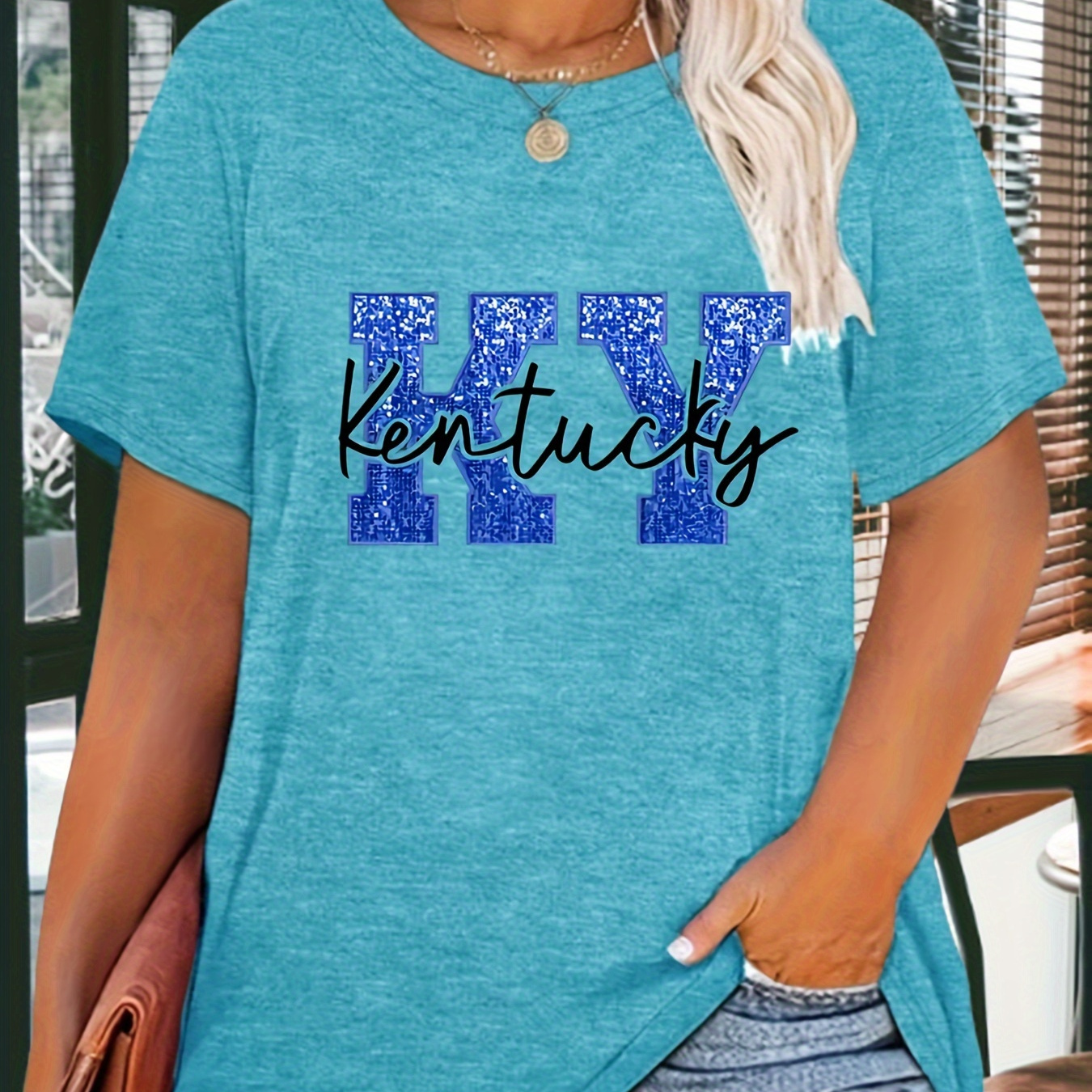 

Plus Size Letter Ky Print T-shirt, Casual Short Sleeve Top For Spring & Summer, Women's Plus Size Clothing