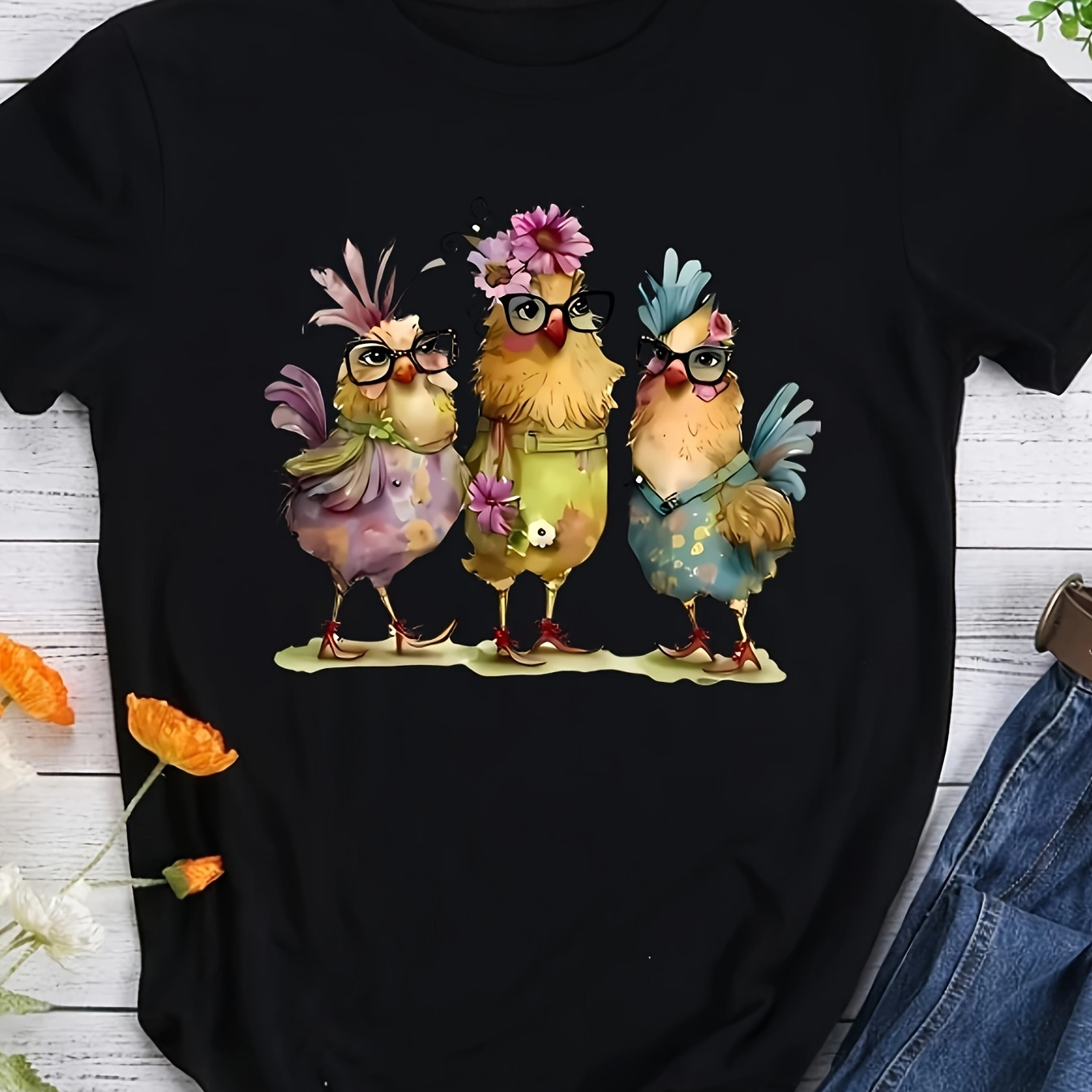 

Plus Size Chicken Print T-shirt, Casual Short Sleeve Crew Neck Top For Spring & Summer, Women's Plus Size Clothing