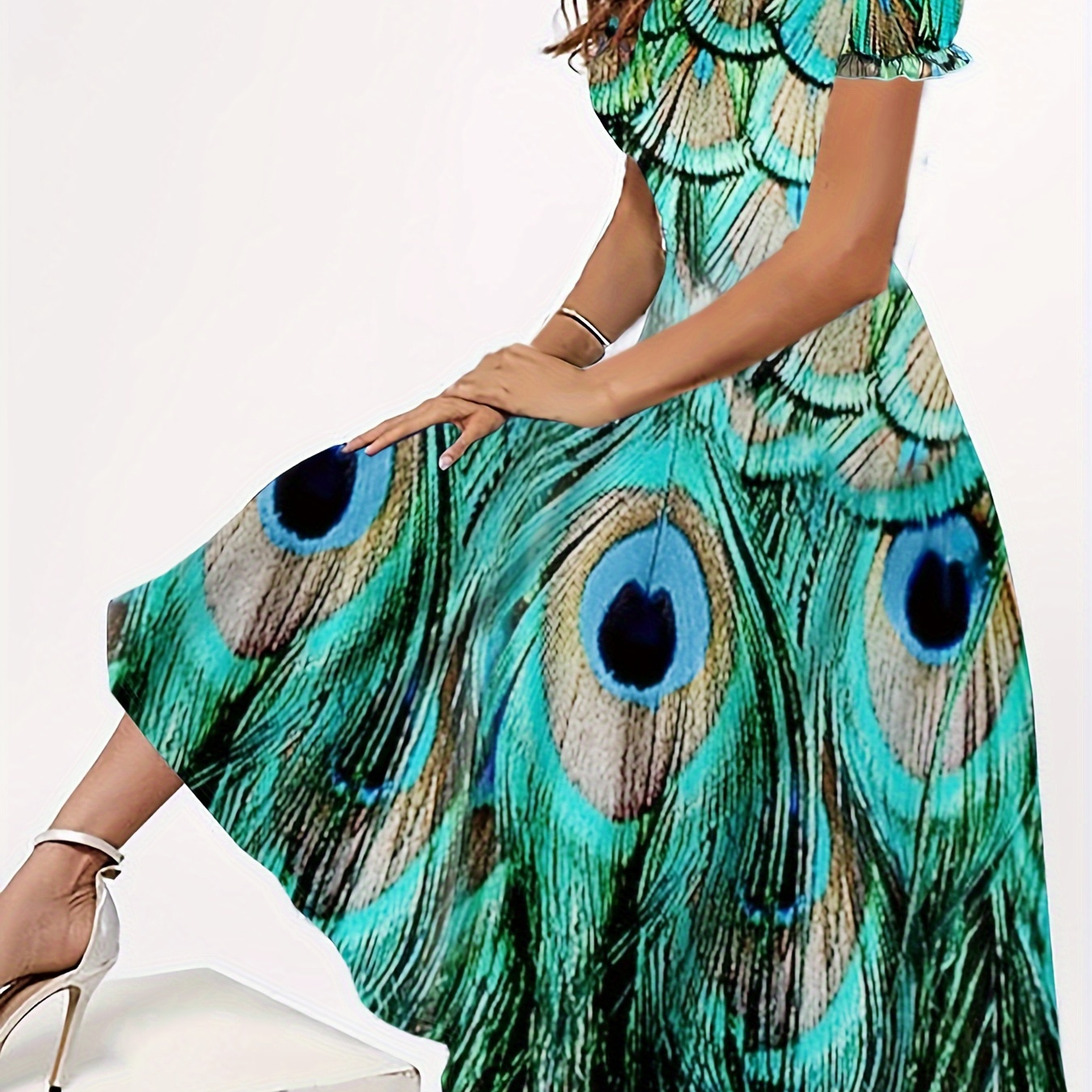 

Peacock Feather Print Crew Neck Dress, Casual Short Sleeve A-line Maxi Dress For Spring & Summer, Women's Clothing