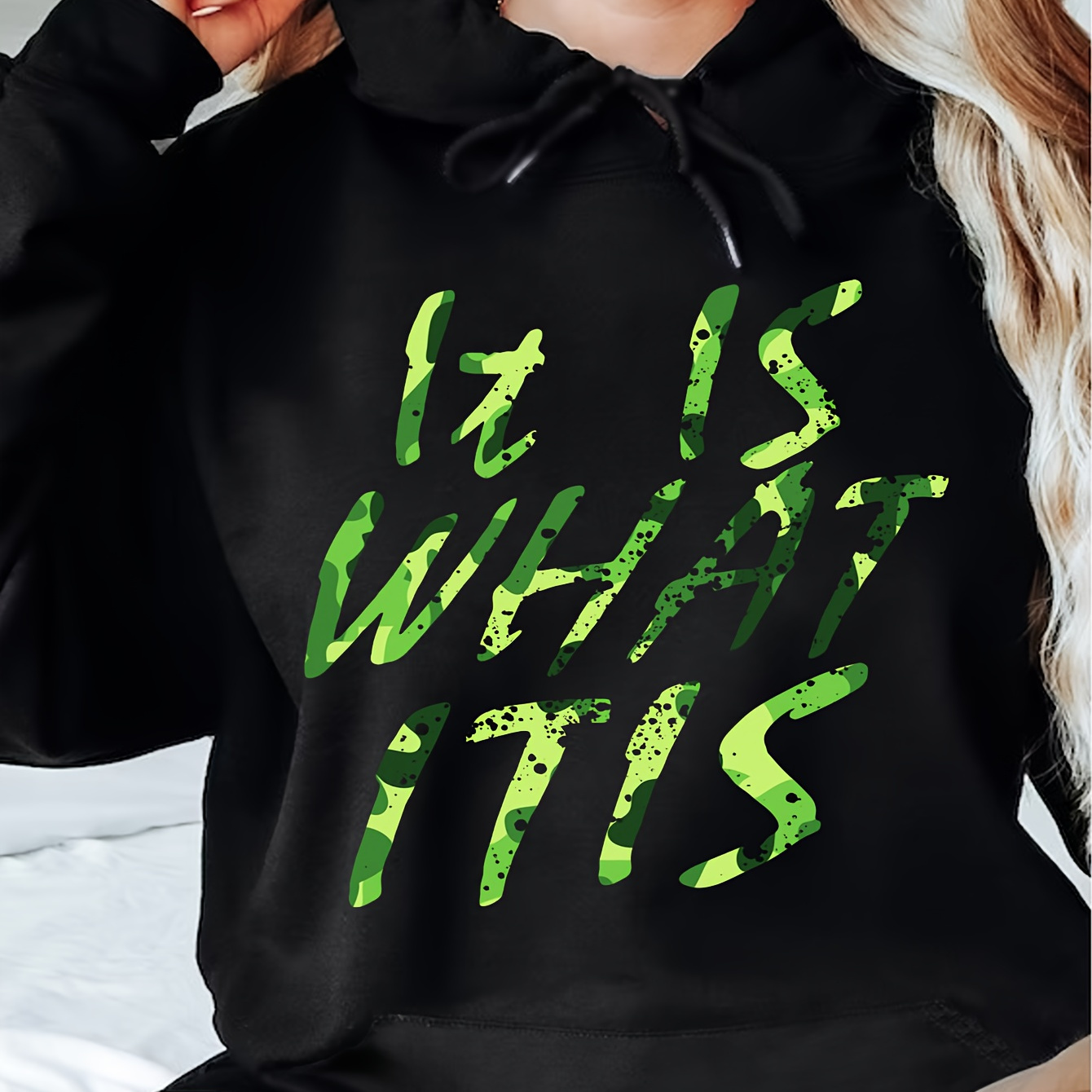 

It Is What It Is Print Hoodie, Drawstring Casual Hooded Sweatshirt For Winter & Fall, Women's Clothing