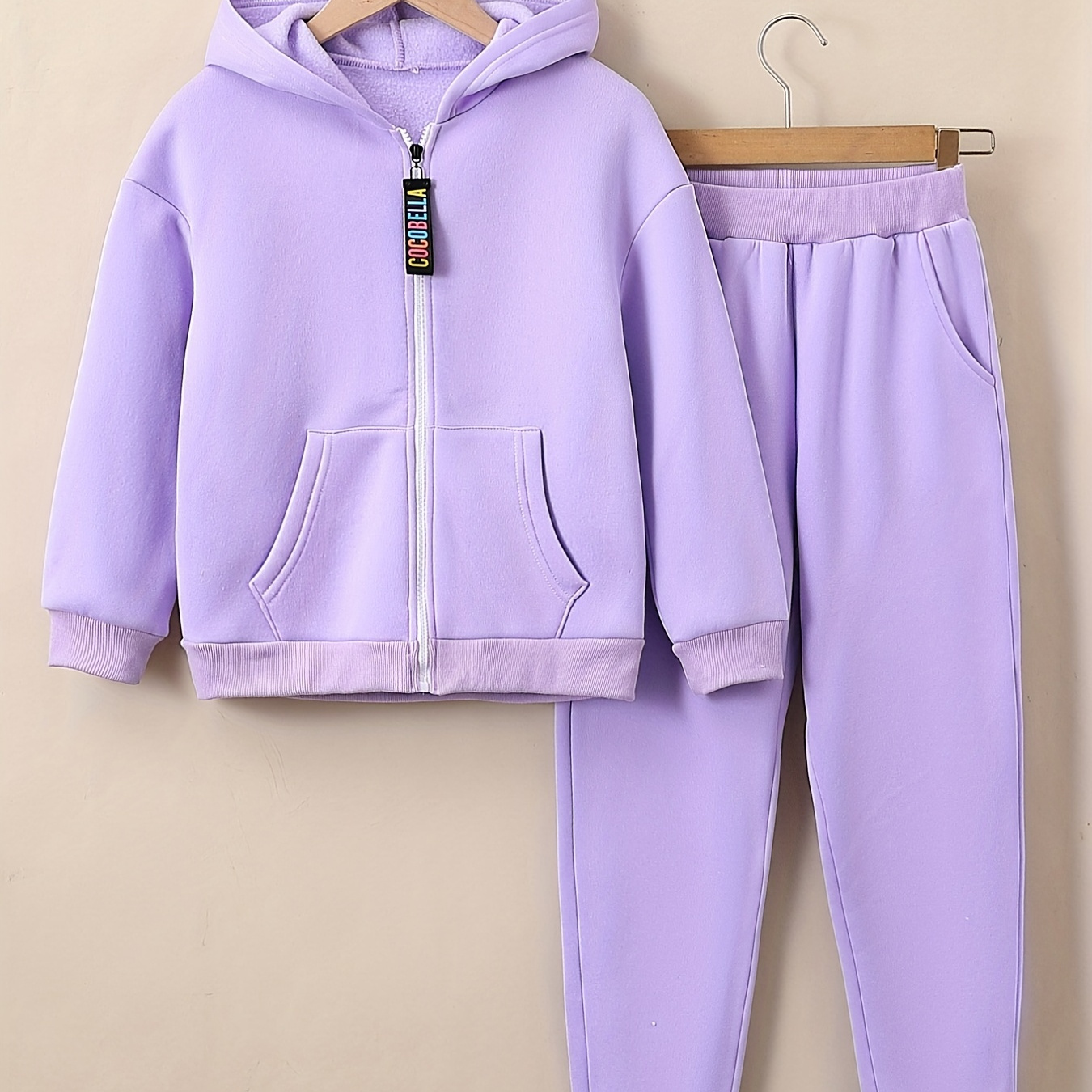 

Girls 2pcs Fleece Zip Up Hooded Sweatshirt Cardigan Top + Sweatpants Sets, Sports Pullover Sweatsuit Jogger Suit For Kids