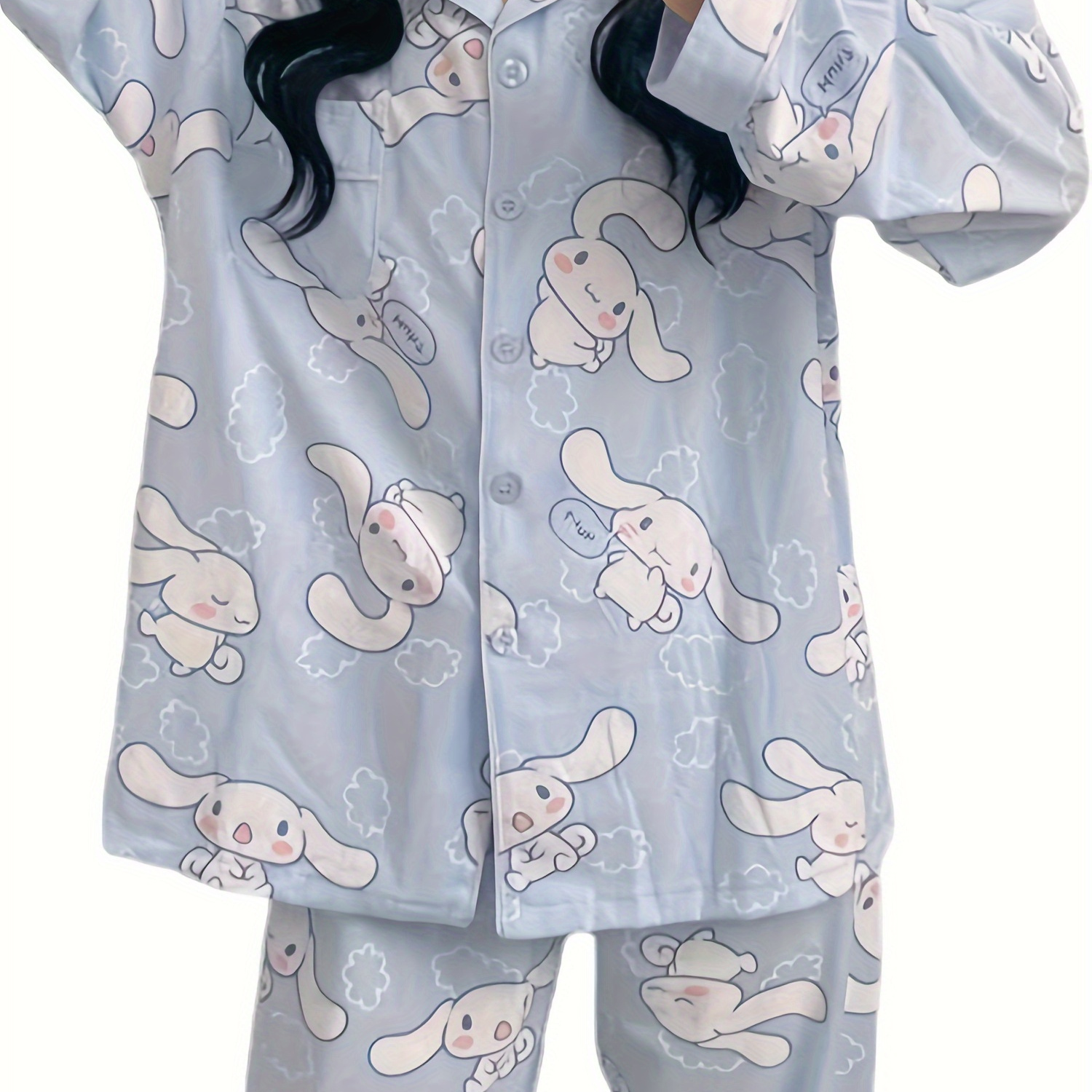 

2pc Authorized By Sanrio Cinnamoroll Cute Fashion Long Sleeve Cardigan Pajamas Set Loose Two-piece Sleepwear Set For Women Girls