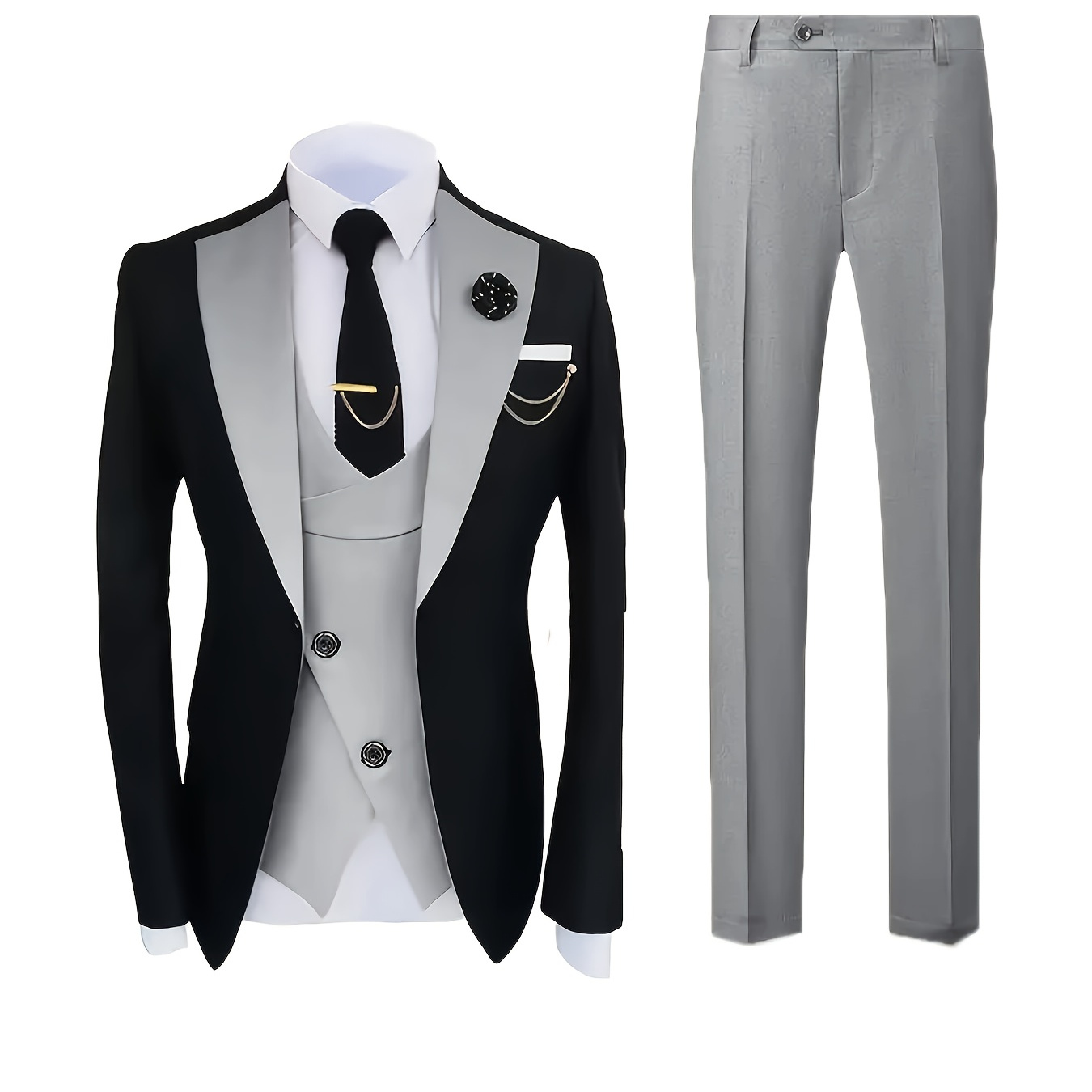 

3pcs Men's & Gray Suit Set - Elegant Lapel Blazer With Vest & Pants, Polyester, Ideal For Weddings, Work, Parties - Sophisticated Gift For Him