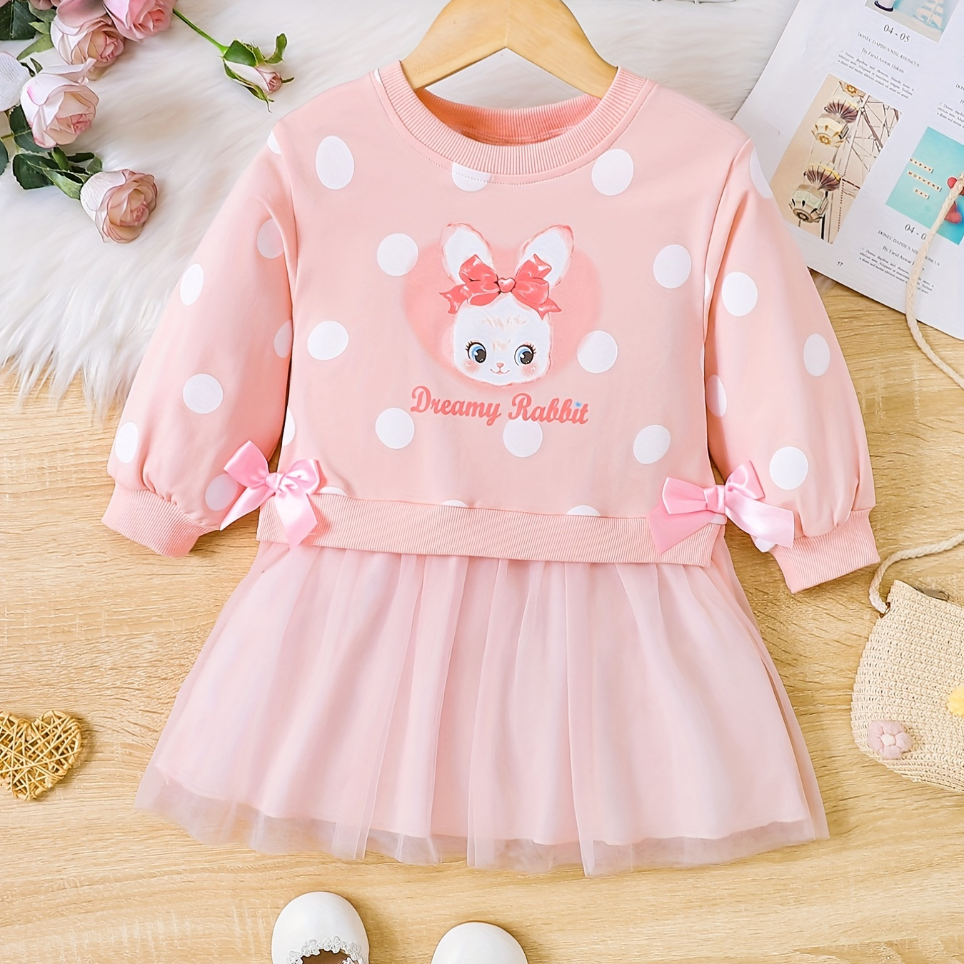 

Baby Girls Toddler Girls "dreamy Rabbit" Print Mesh Dress Bowknot Design Long Sleeve Cartoon Bunny Graphic Polka Dot Pattern For Spring And Autumn, Party