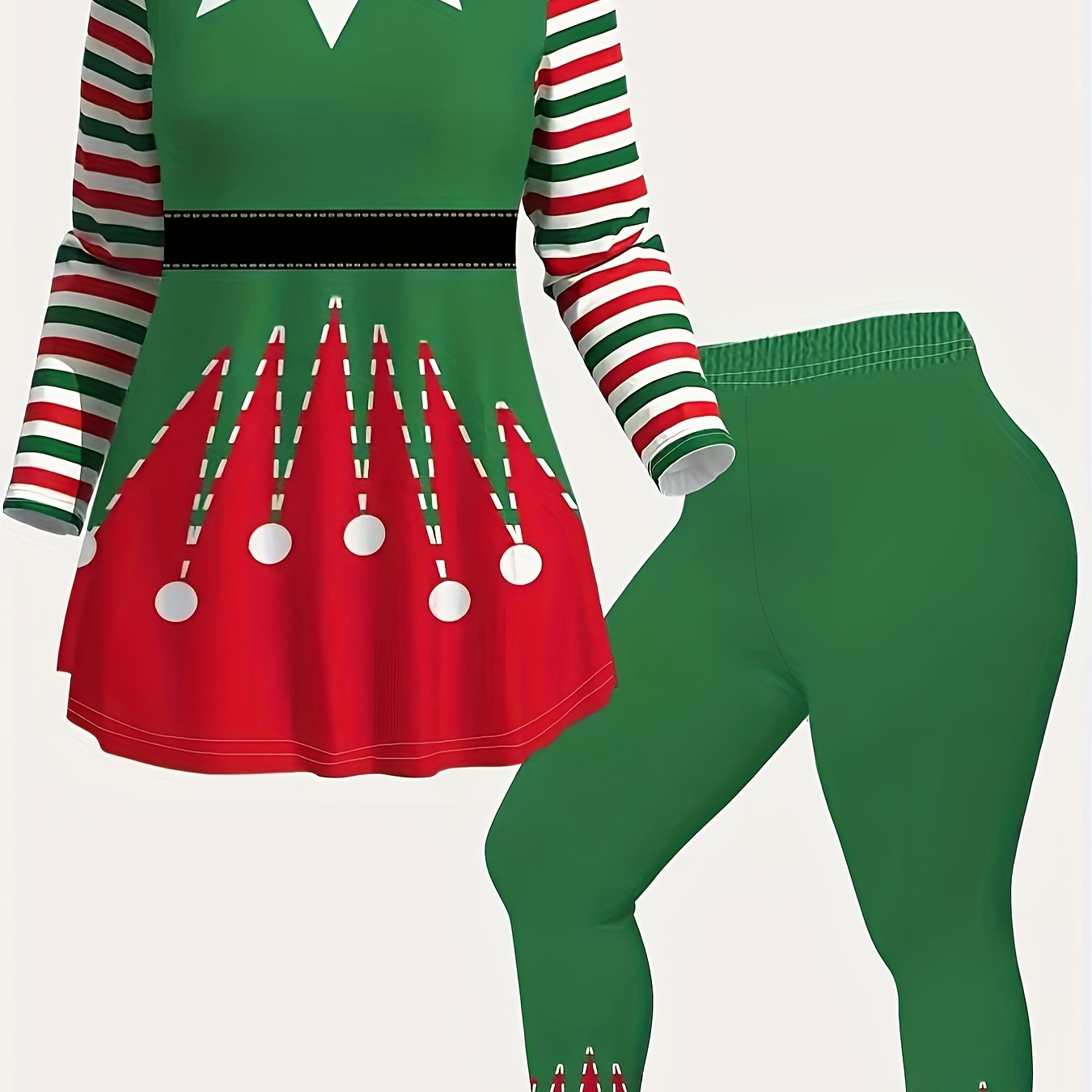 

Plus Size Christmas Casual Outfits Set, Women's Plus Graphic & Stripe Print Long Sleeve Peplum Top & Leggings Outfits 2 Piece Set