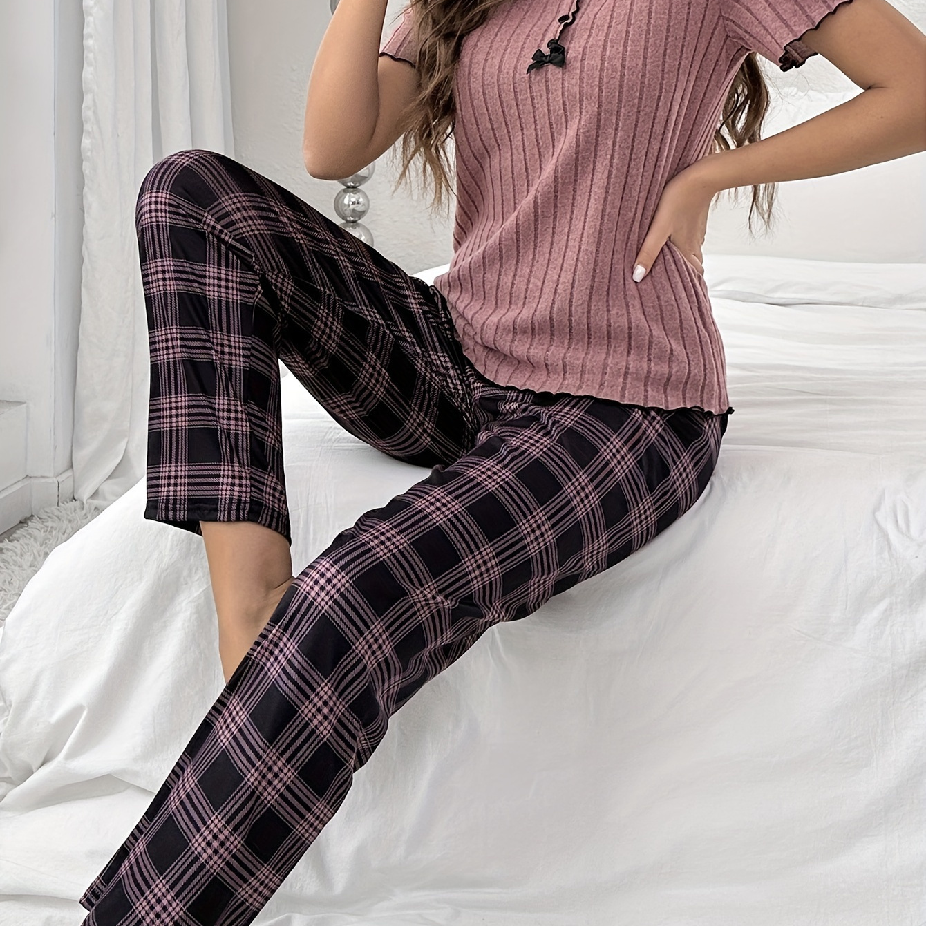 

Casual Solid Ribbed Pajama Set, Comfy Short Sleeve Button Decor Round Neck Top & Plaid Pants, Women's Sleepwear