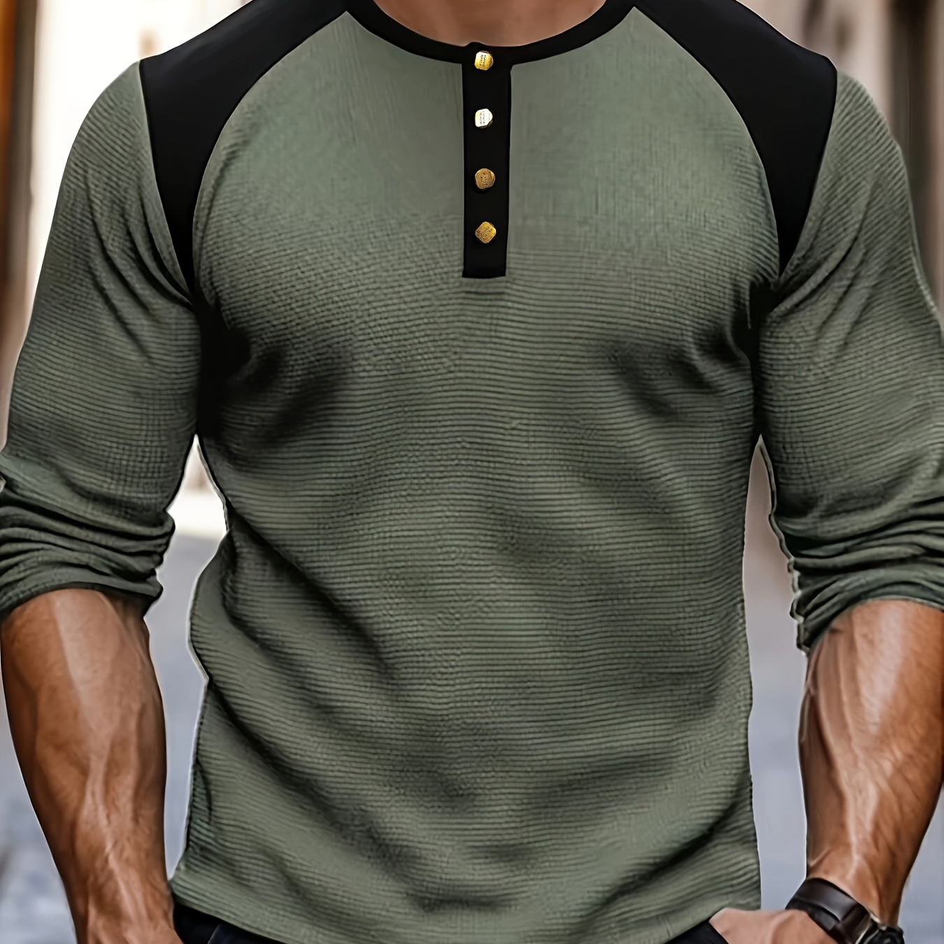 

1pc Men's Casual Waffle-knit Henley Shirt With Metal Buttons, Crew Neck Long Sleeve Top, Polyester Knit Fabric, Regular Fit Pullover For Spring/fall