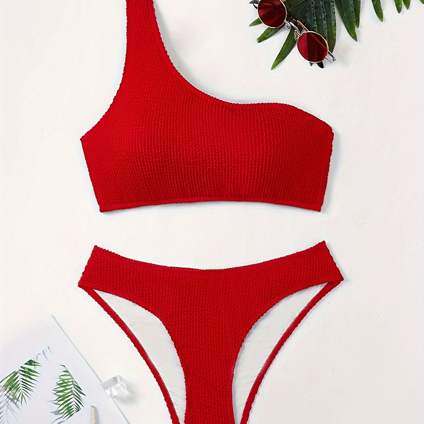 

One-shoulder Bikini Set, Solid Red Knitted 2 Piece Swimwear, Women's Asymmetric Beachwear, Sexy One-shoulder Top With High Cut Bottoms, Summer Poolside Fashion