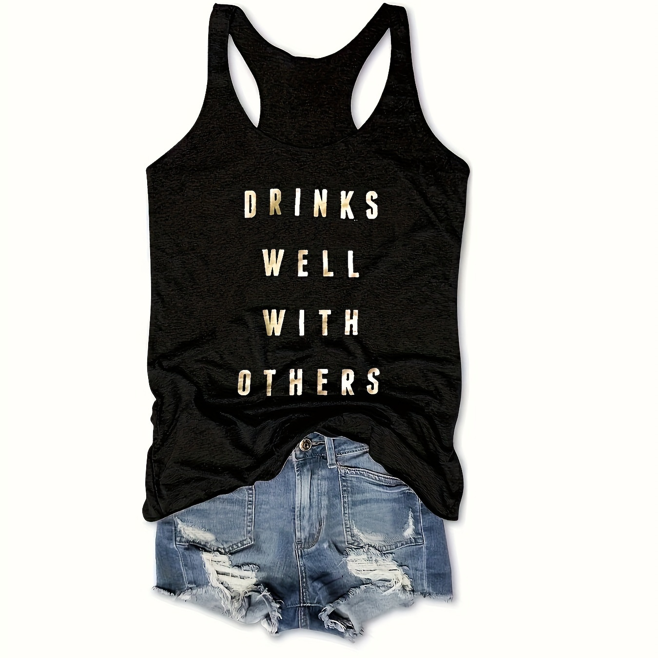 

Drinks Well Letter Print Tank Top, Sleeveless Casual Top For Summer & Spring, Women's Clothing