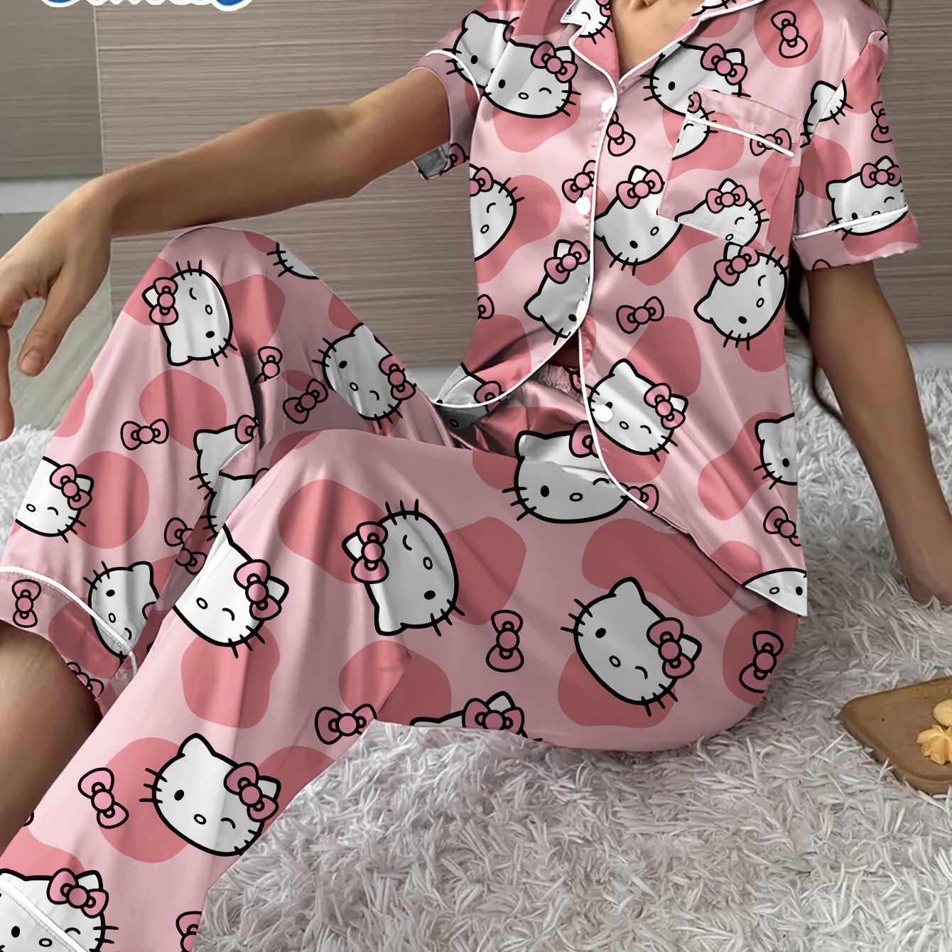 

Sanrio Hello Kitty Satin Pajama Set, Polyester 97% Elastane 3%, Short Sleeve Button Front Lapel Collar, Basics, Woven Fabric, 90gsm, Adult Sleepwear