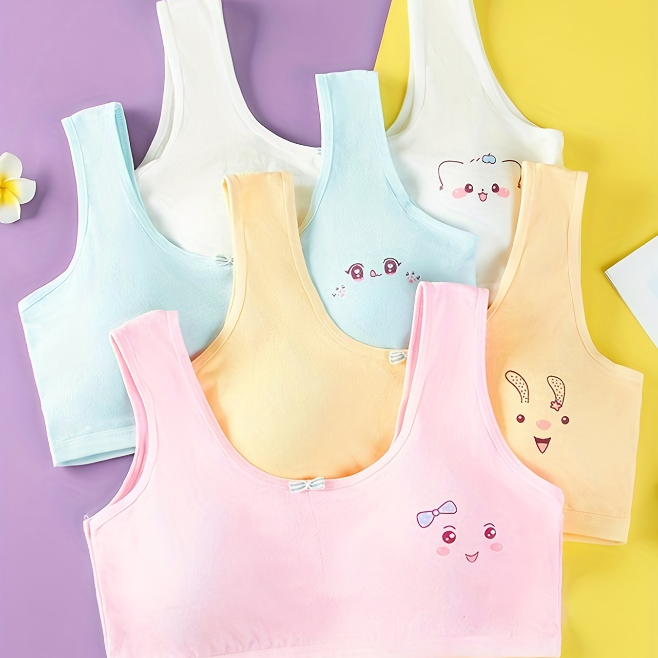 

4pcs Cartoon Face Print Cute Bralette Simple Style Wide Strap Comfy Breathable Girls Underwear Top