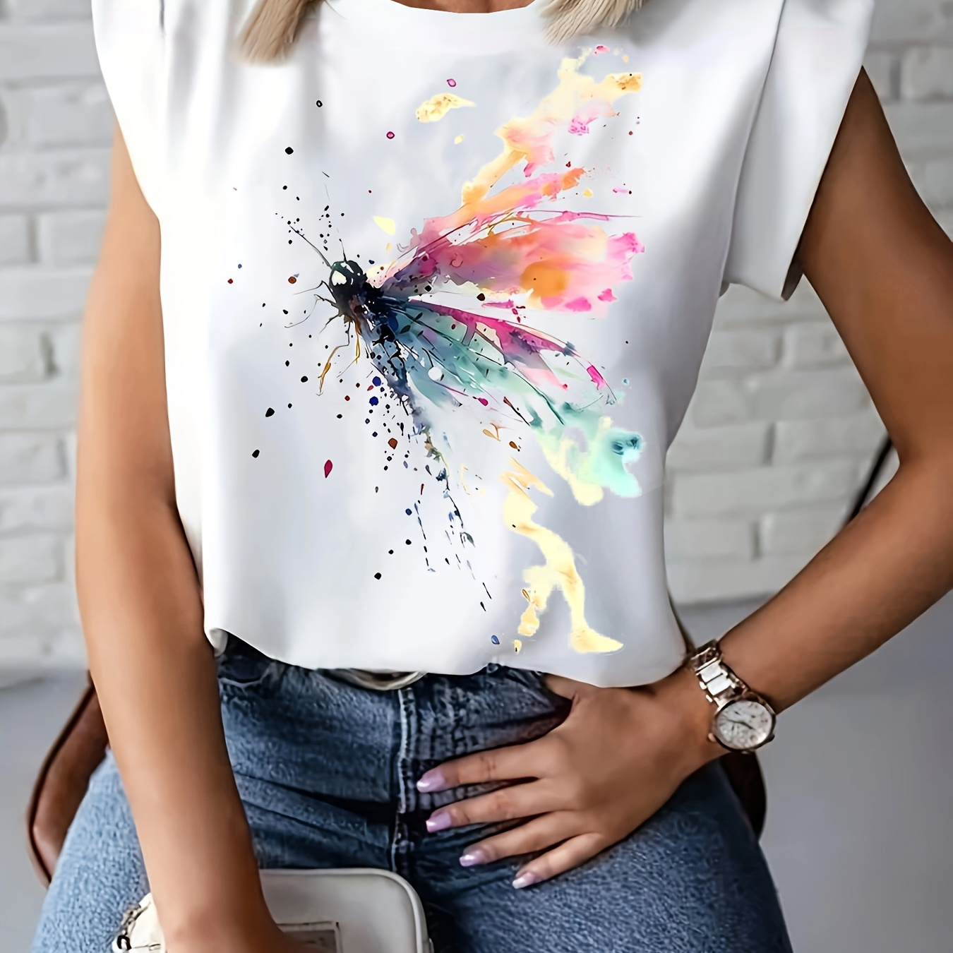 

Dragonfly Print Crew Neck T-shirt, Short Sleeve Casual Top For Summer & Spring, Women's Clothing