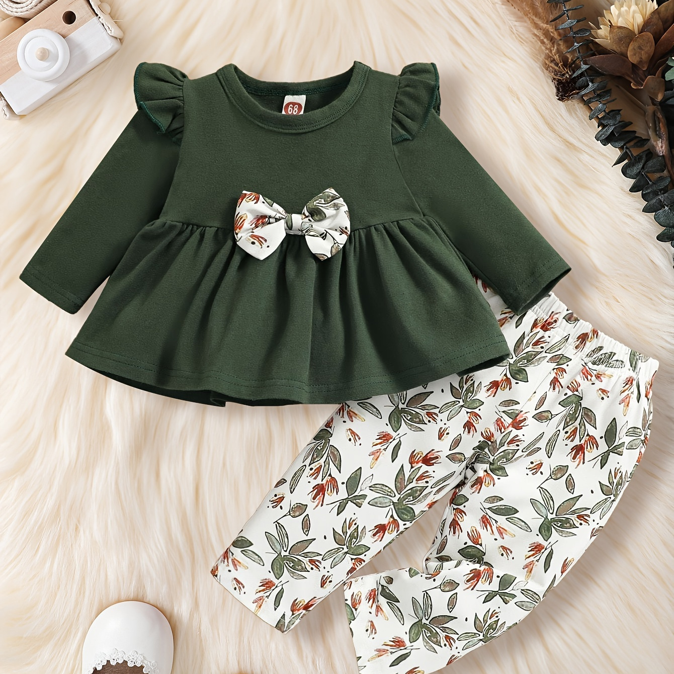 

Two-piece Set Baby Girls Floating Sleeves Patchwork Bow Skirt Top + Leaf Print Trousers Suit Spring And Autumn Style