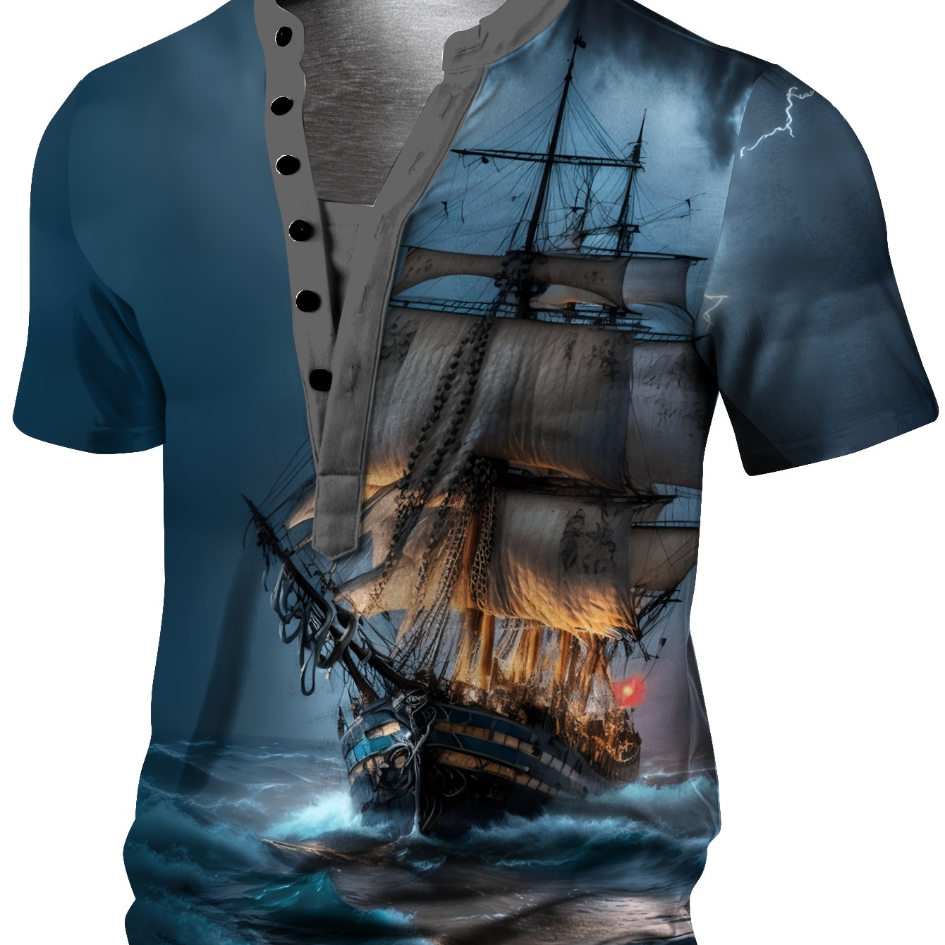 

Retro Sailing Boat Print Henley Shirt, Men's Casual Slightly Stretch Button Front Short Sleeve Henley Shirt For Spring Summer