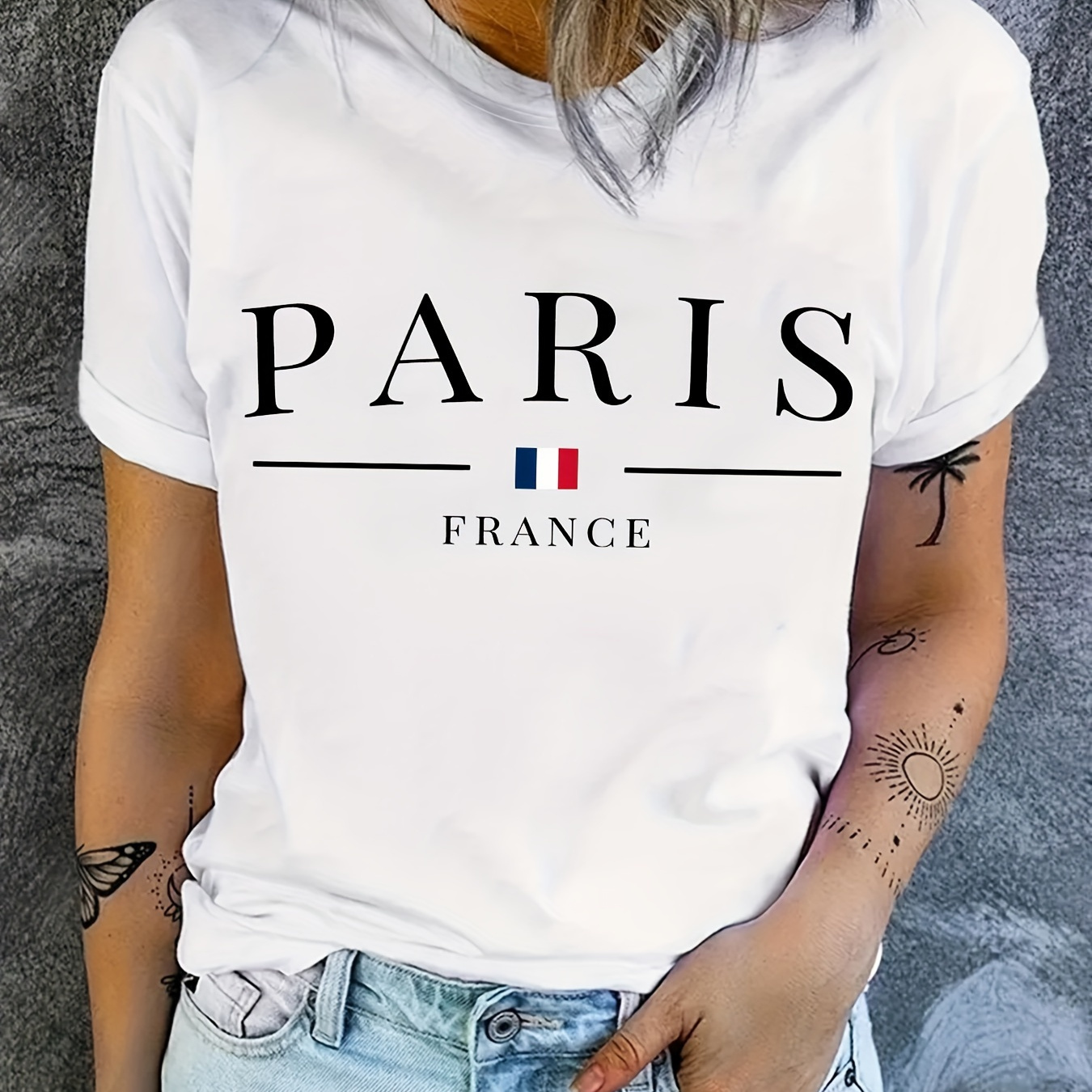 

Paris & Flag Print T-shirt, Short Sleeve Crew Neck Casual Top For Summer & Spring, Women's Clothing