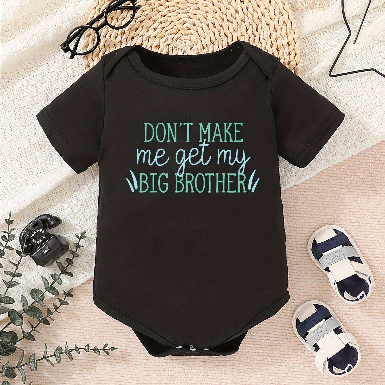 

Infant's "don't Make Me Get My Big Brother" Print Bodysuit, Casual Short Sleeve Onesie, Baby Boy's Clothing