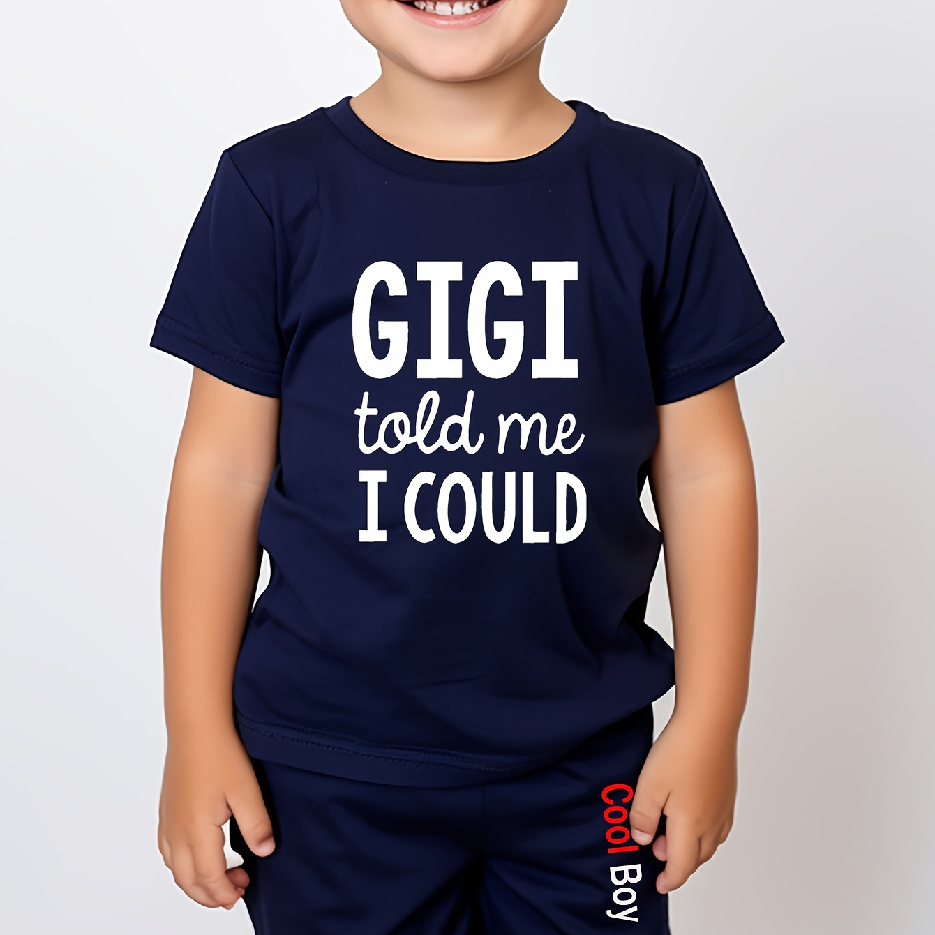 

2pcs Gigi Told Me I Could Print Boys Casual Short Sleeve Comfy T-shirt & Elastic Shorts Set, Kids Summer Outdoor Clothes