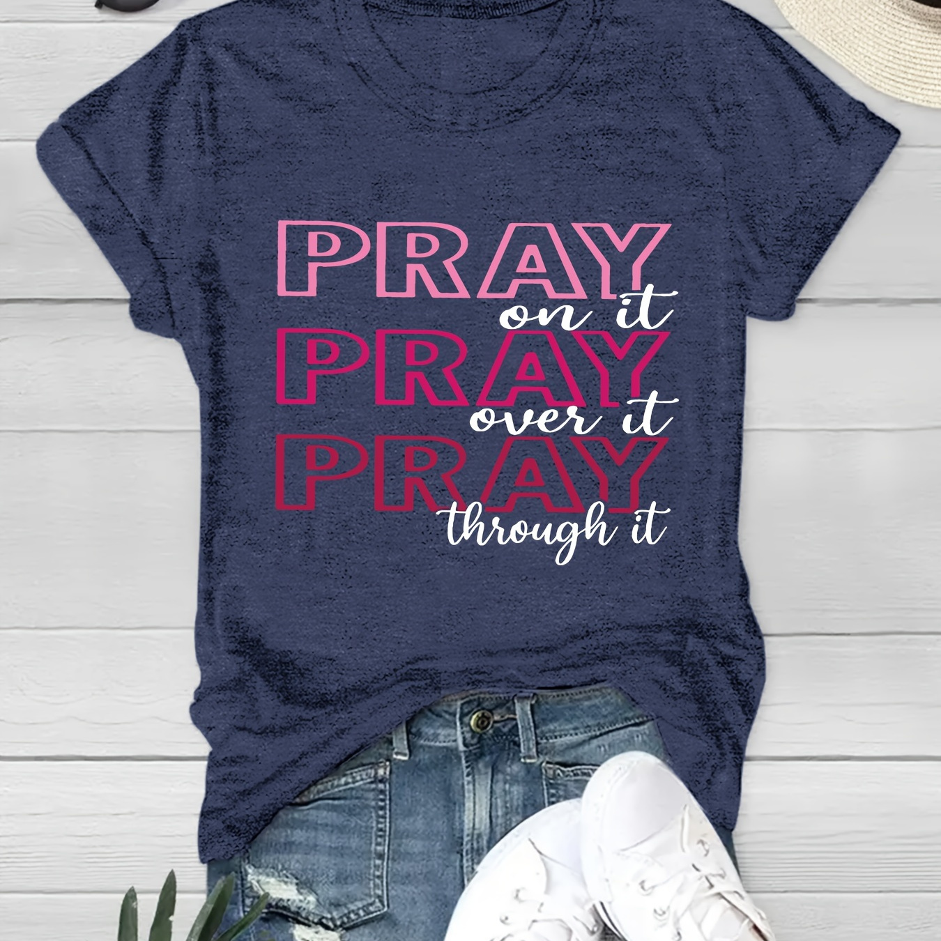 

Pray Print T-shirt, Short Sleeve Crew Neck Casual Top For Summer & Spring, Women's Clothing