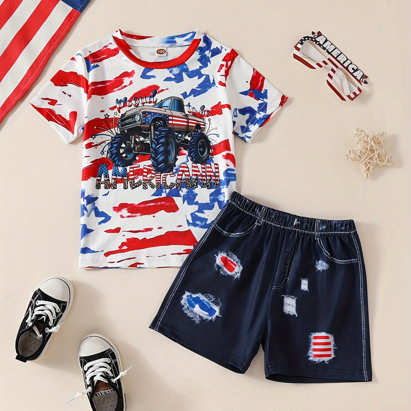 

2pcs Boys Casual Independency Day Truck Print Versatile Tie Dye Short Sleeve T-shirt & Ripped Shorts Set, Cool, Lightweight And Comfy Summer Clothes