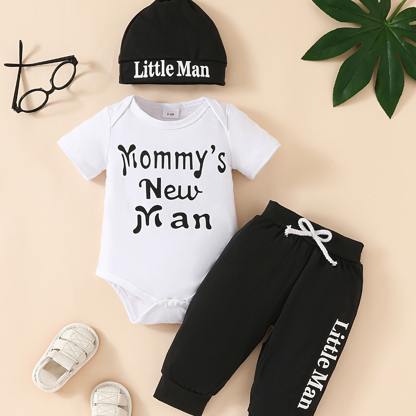 

3pcs Infant Baby Boy's Letters Print Cotton Triangle Onesie & Sweatpants & Hat Set, Comfy Casual Summer Outfit