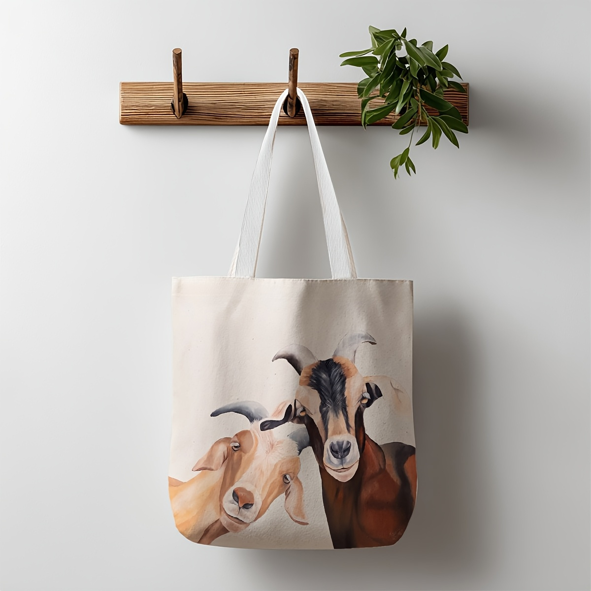 TEMU 2d Flat 1pc Watercolor Durable Tote Bag, Duplex Prints Cute Goats With Curved Horns, Ideal For Grocery Shopping, Picnic Carry, Weekend , For ,