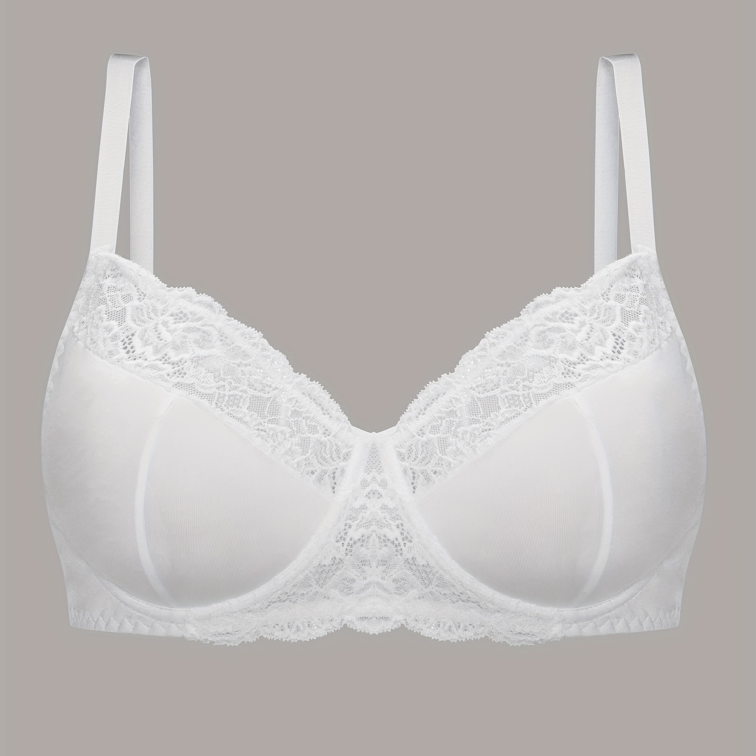 Plus Size Elegant Underwire Bra, Women's Plus Contrast Floral Lace Semi Sheer Lingerie Bra