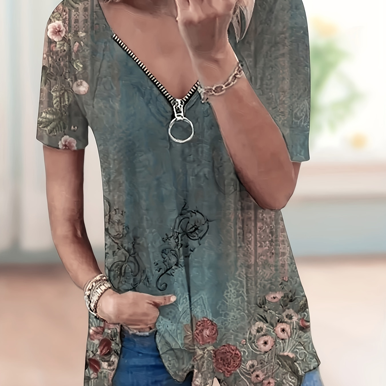 

Floral Print Zipper Front T-shirt, Vintage Short Sleeve T-shirt For Spring & Summer, Women's Clothing