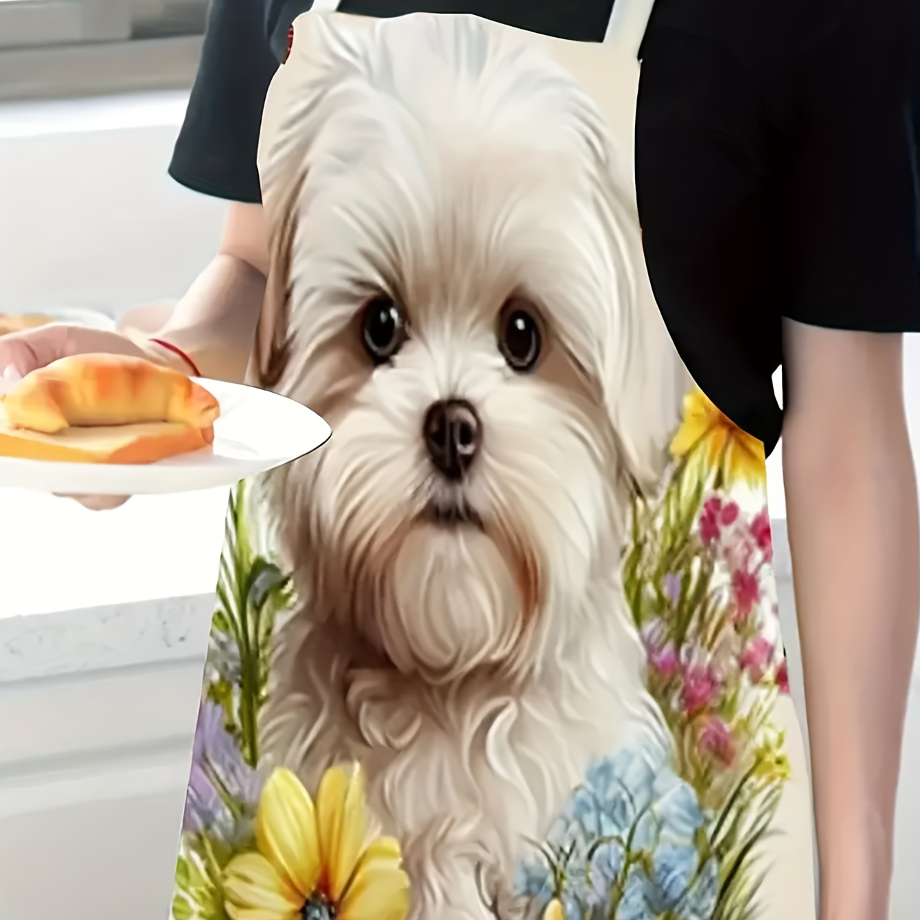 

Cute Puppy & Floral Print Linen Apron With Halter Neck - Non-stretch, Hand Washable For Cooking, Baking, Gardening