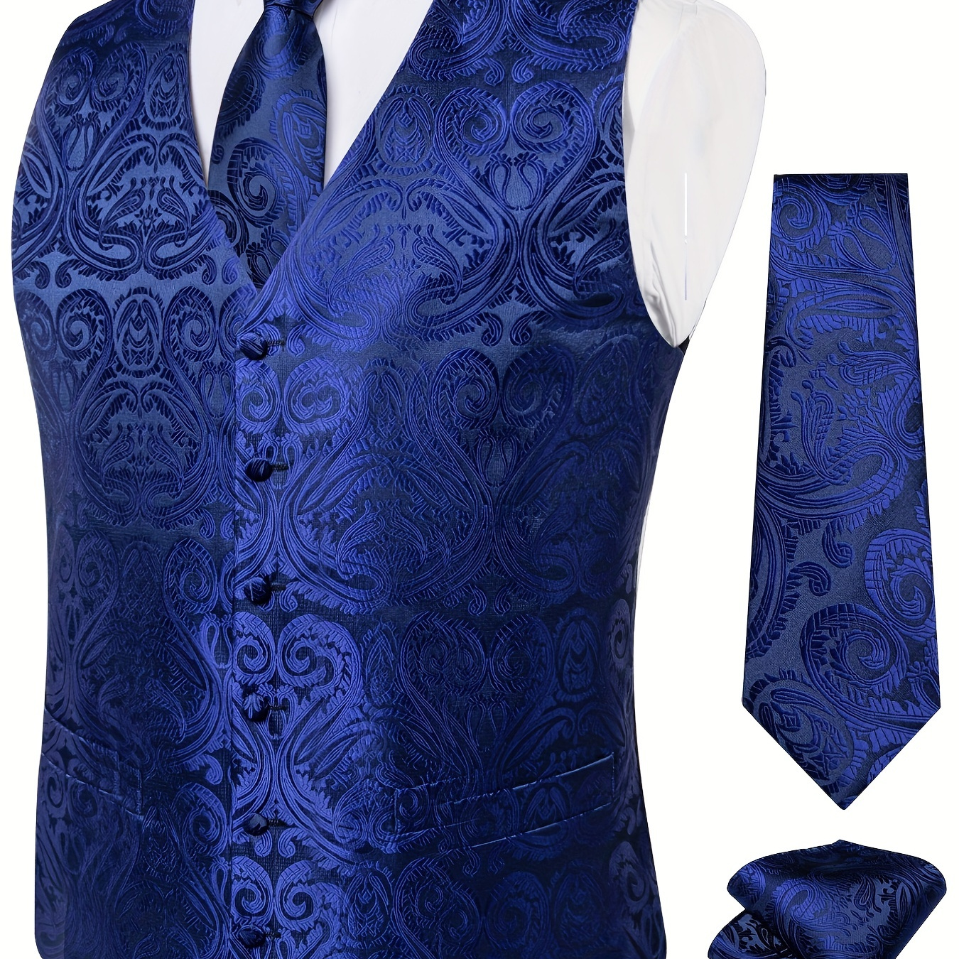 Plus Size Mens "Motif Cachemire" Pattern Jacquard V Neck Vest Suit, Waistcoat Necktie Pocket Square Set, Hanky Cufflinks Set For Wedding Suit Set