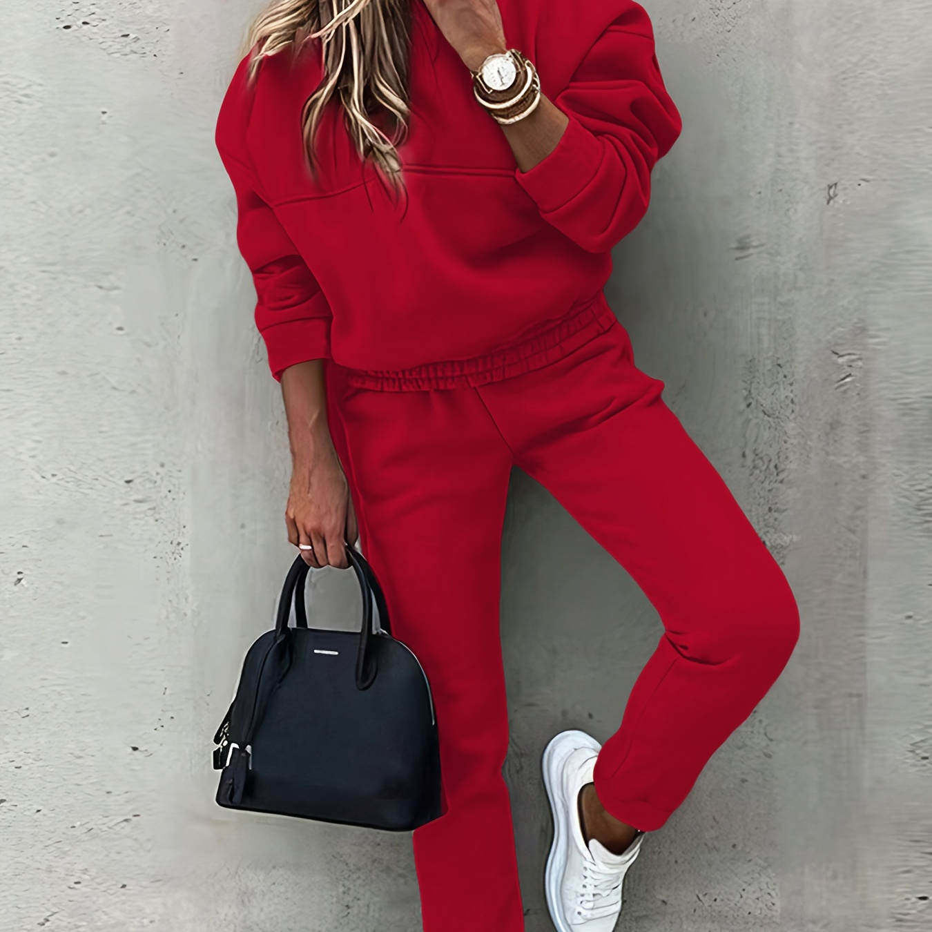 

1set Women's Casual Polyester Sweat Suit, Loose Fit Hoodie And Jogger Set With Pockets, Solid Color, All Season - Red