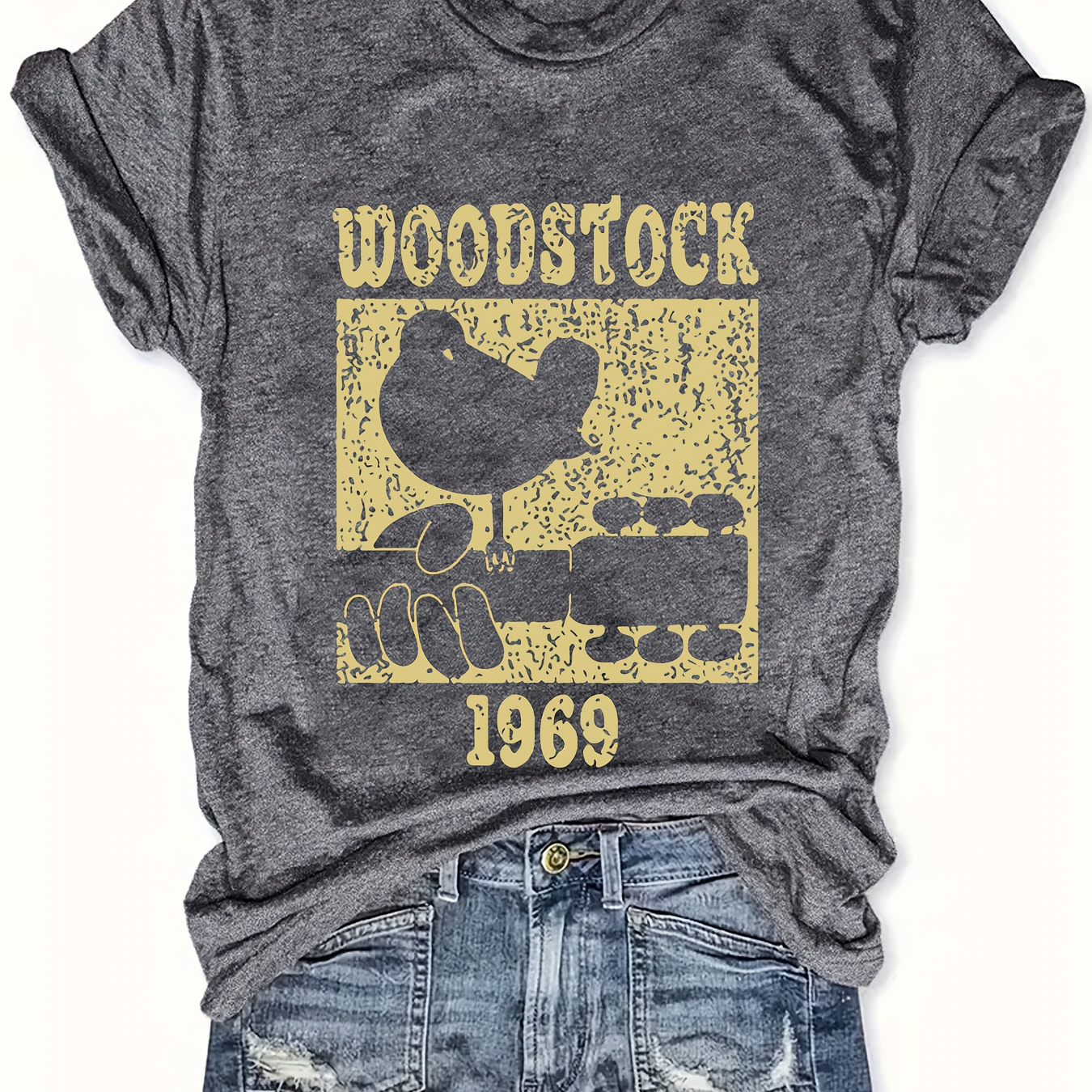 

T-shirt imprimé Woodstock grande taille, haut décontracté à manches courtes pour le printemps et l'été, vêtements grande taille pour femmes