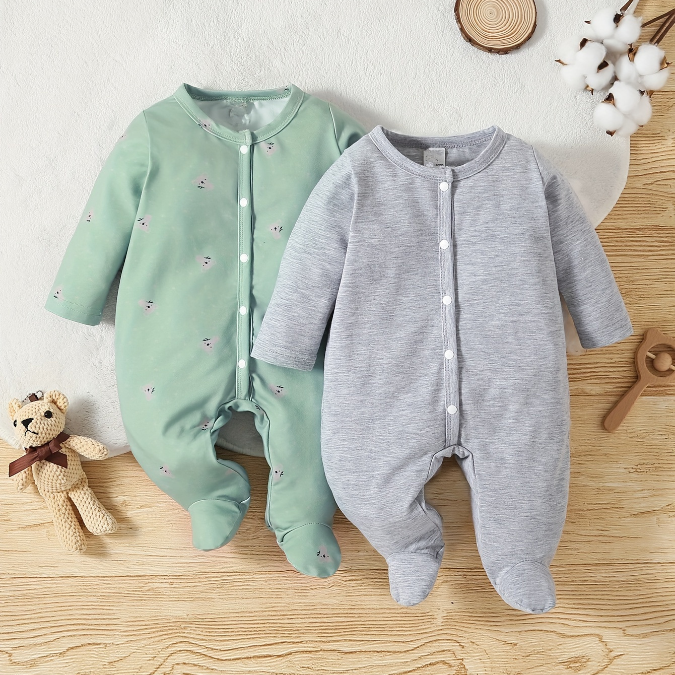 

2pcs Baby Boy's Solid Footed Romper, Long Sleeve Cotton Soft Casual Bodysuit