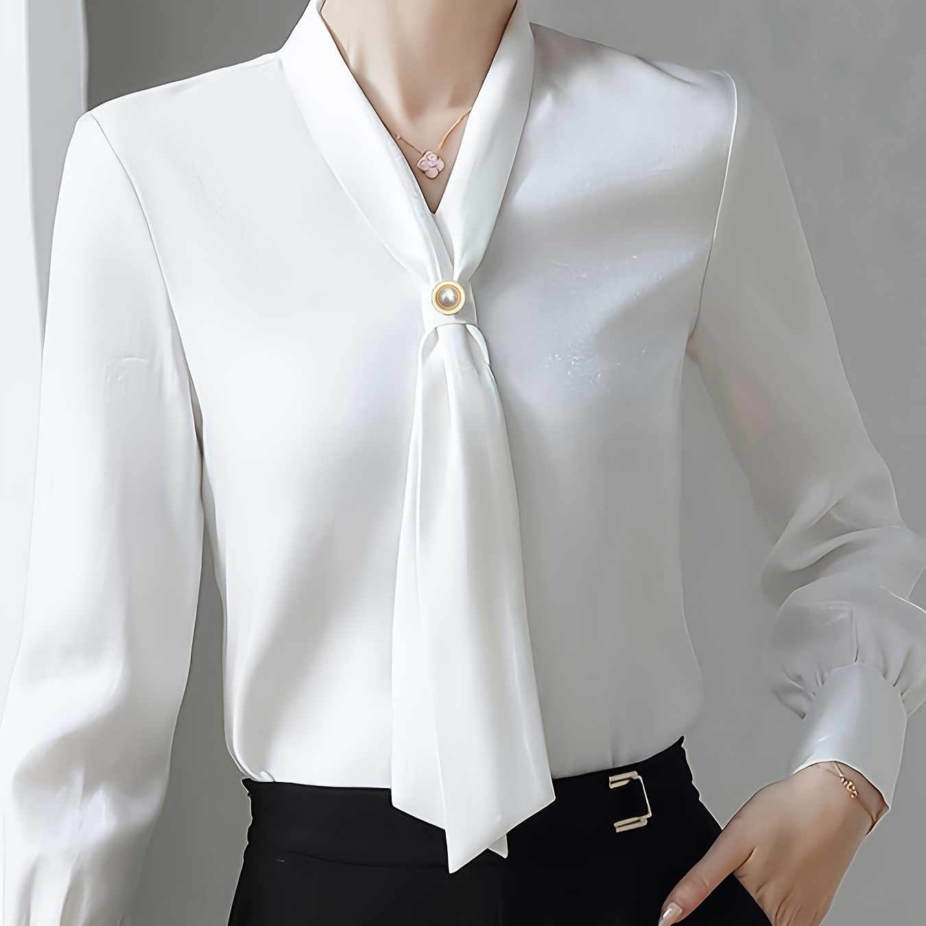 

Elegant V-neck Long Sleeve Shirt With Bow Tie Decoration, 100% Polyester Solid Color, Regular Fit, Single Breasted , Woven Fabric, 120g/m², Suitable For All - Women'