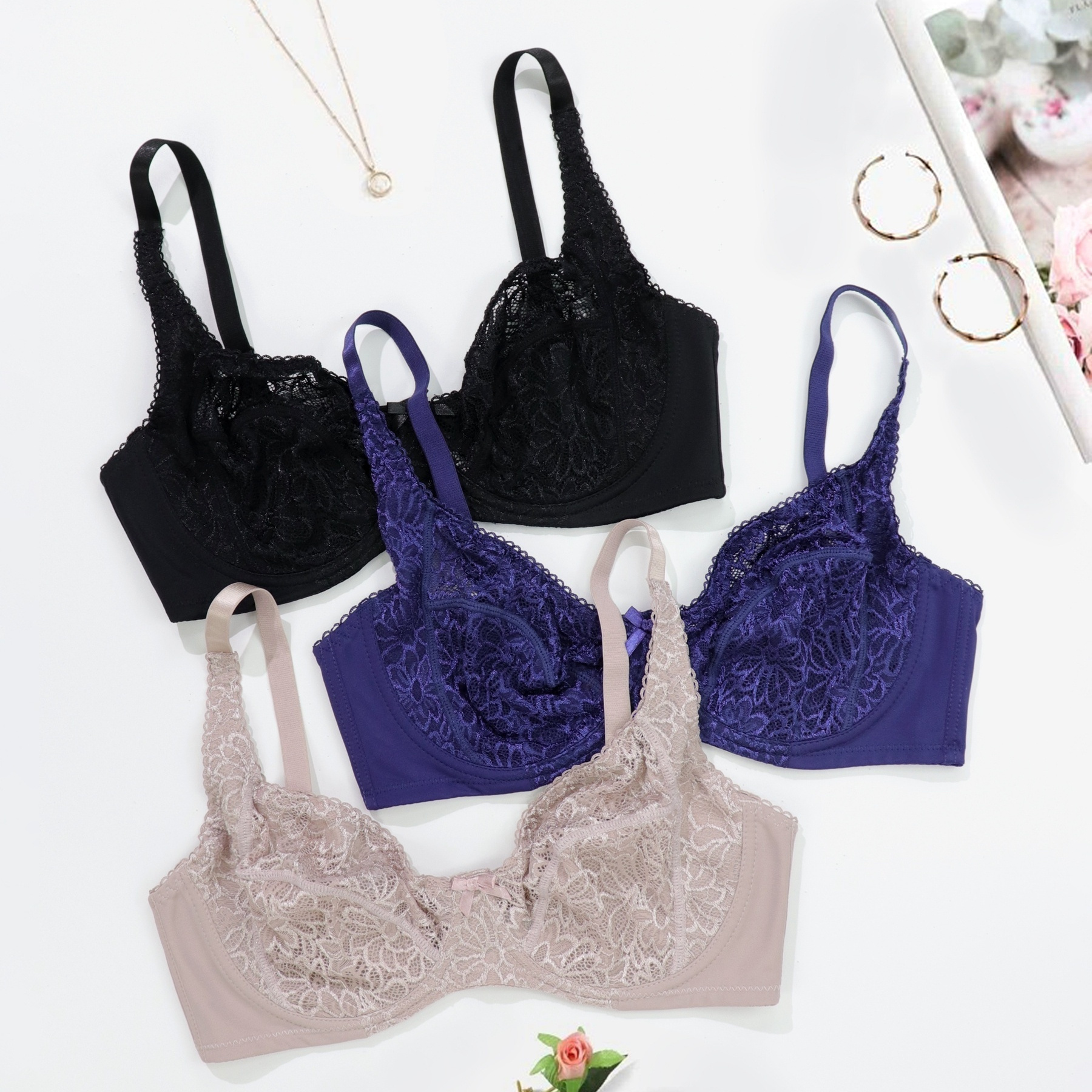 5pcs Full Lace Unlined Bras, Semi-sheer & Skin-friendly Intimates Everyday  Bras, Women's Underwear & Lingerie