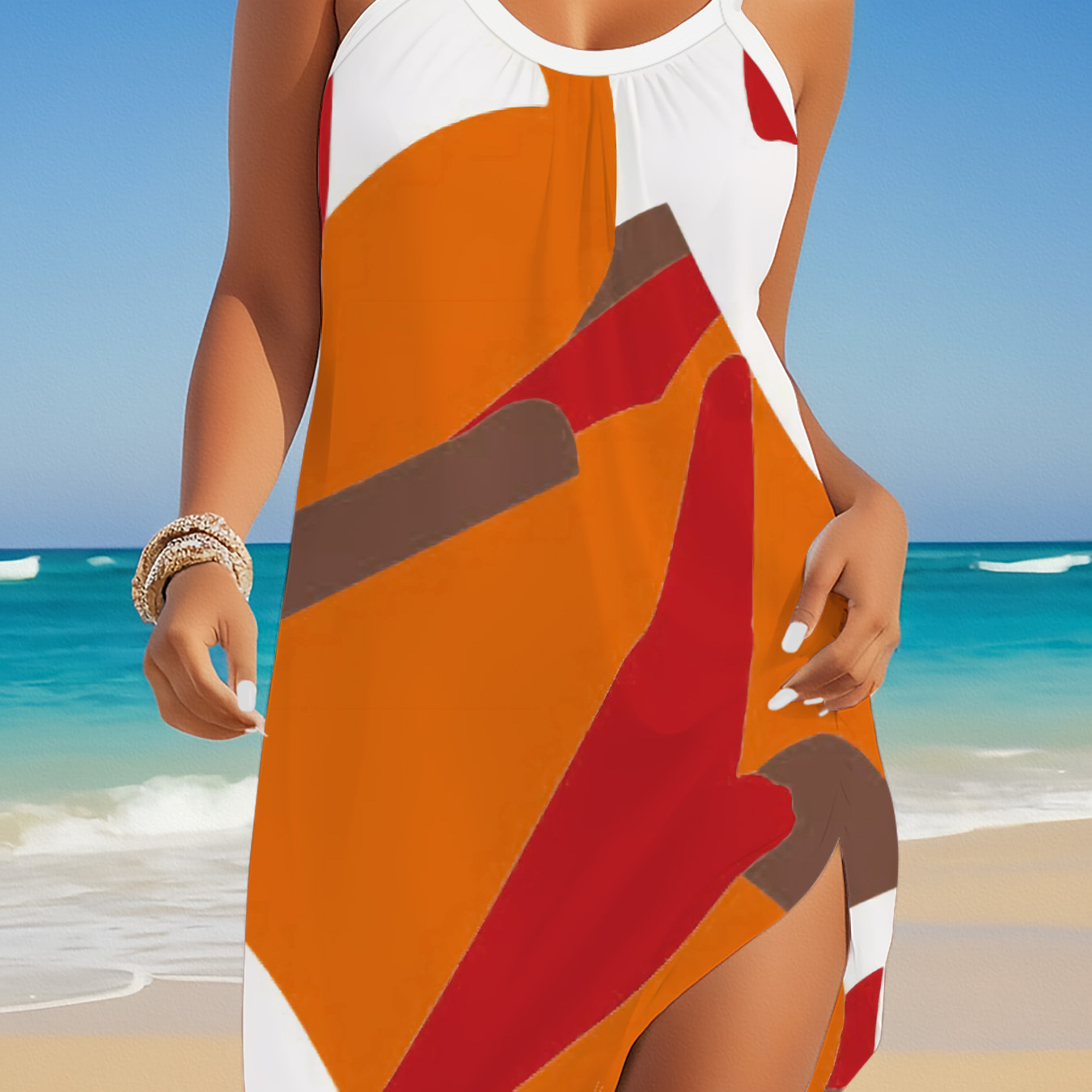 

Summer Chic: Women's Sleeveless Maxi Dress With Vibrant Abstract Print - Casual Polyester Sundress Featuring Ruched Chest Detail, Beach & Casual Attire