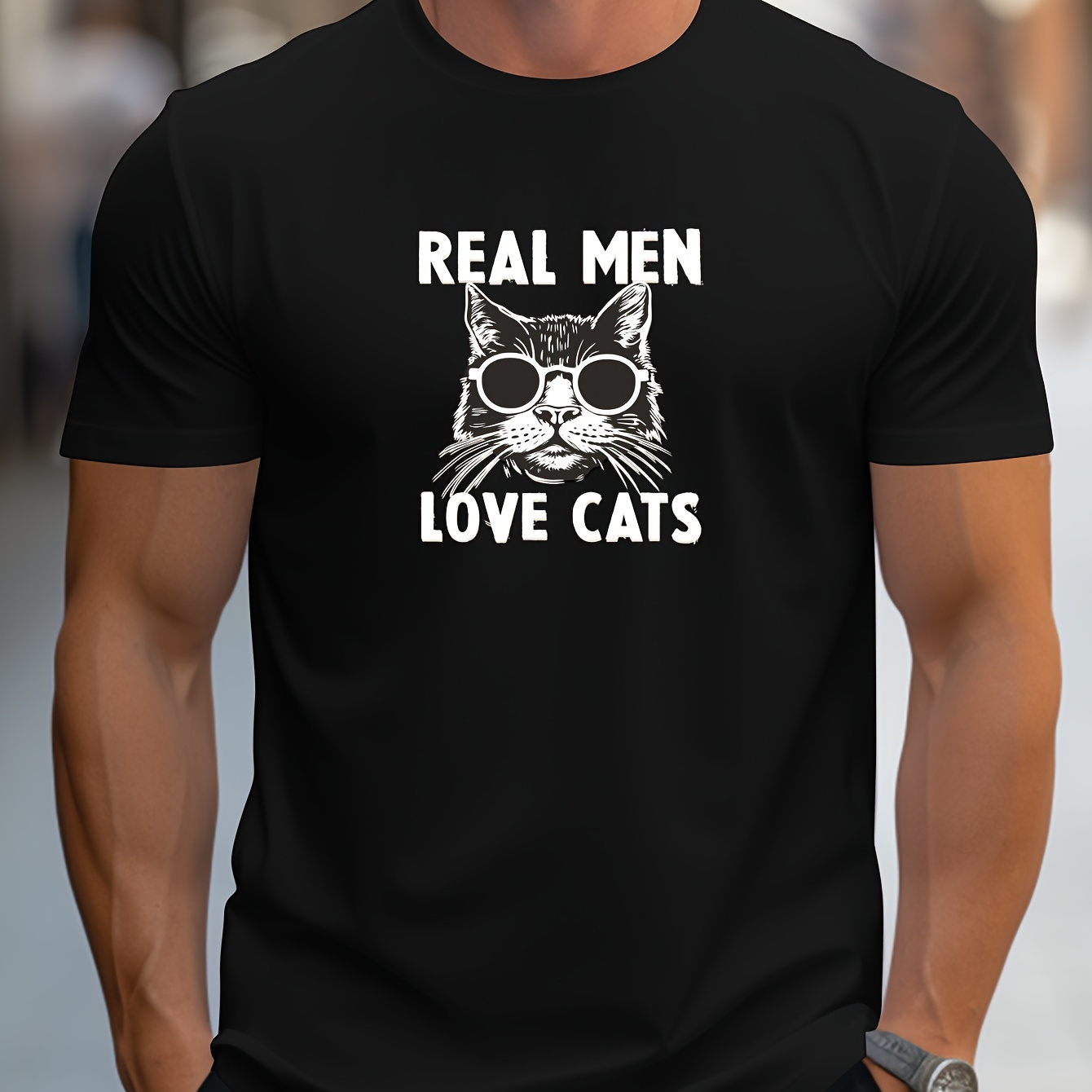 

Real Men Love Cats Graphic Print Men's Creative Top, Casual Short Sleeve Crew Neck T-shirt, Men's Clothing For Summer Outdoor