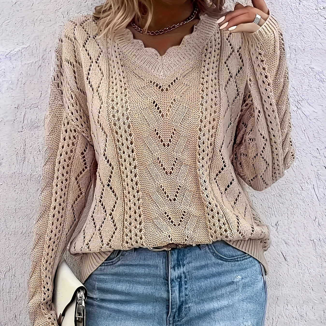 

Plus Size Scallop Trim Cut Out Knitted Sweater, Elegant V Neck Long Sleeve Sweater For Spring & Fall, Women's Plus Size Clothing