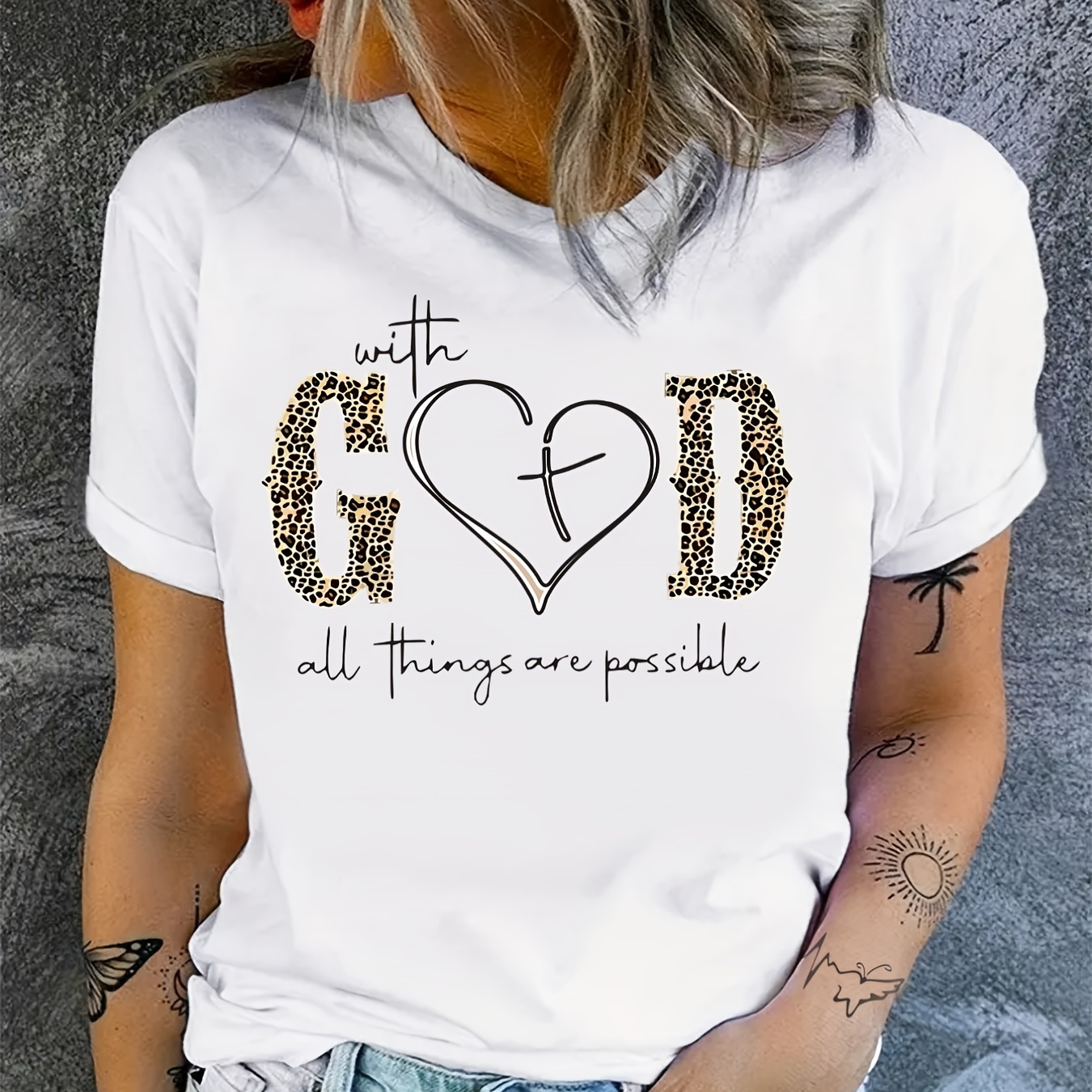

With God Print T-shirt, Summer Short Sleeve Crew Neck Casual Top, Women's Clothing