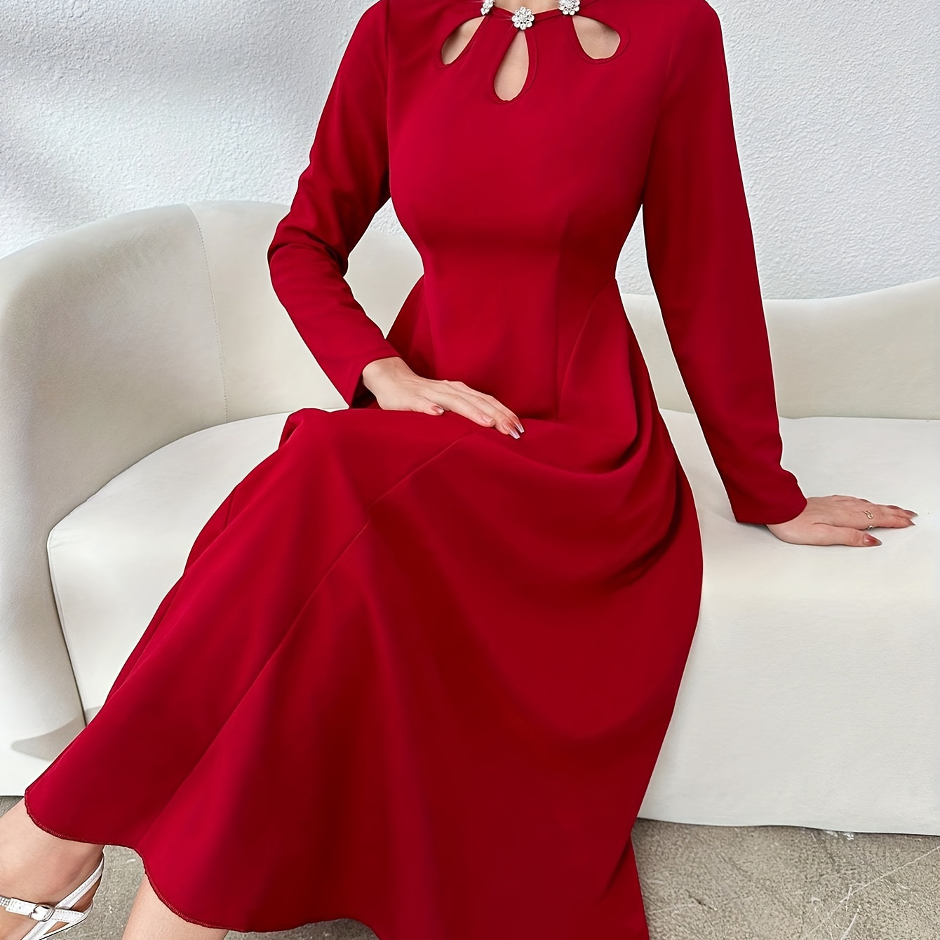 

Elegant Crew Neck Peplum Dress For Women - Long Sleeve Knit Polyester Hollow Detail Mid-length Dress - Solid Color With Floral Cut-out Decoration - All Season Chic Collection