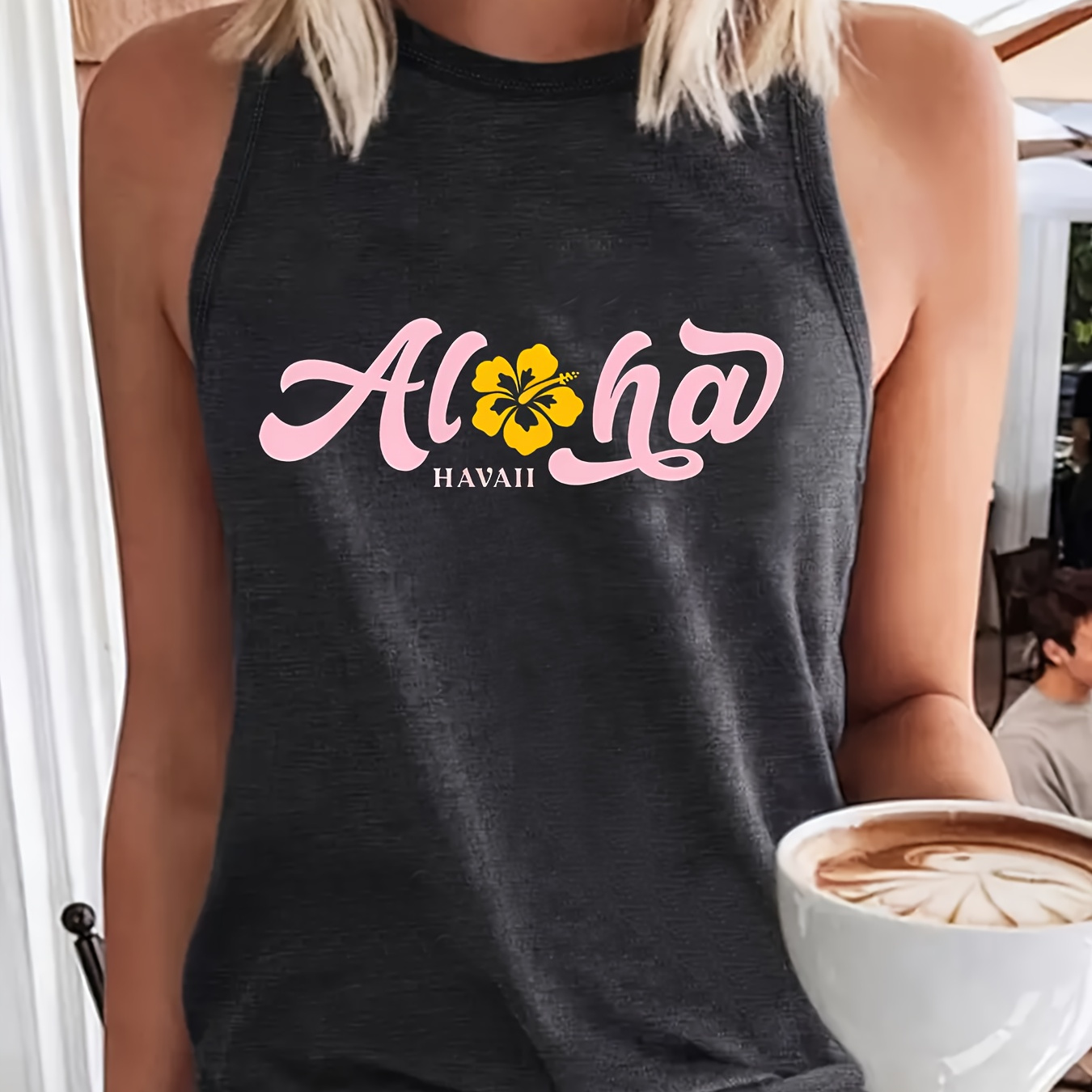 

Aloha Print Crew Neck Tank Top, Casual Sleeveless Top For Summer & Spring, Women's Clothing