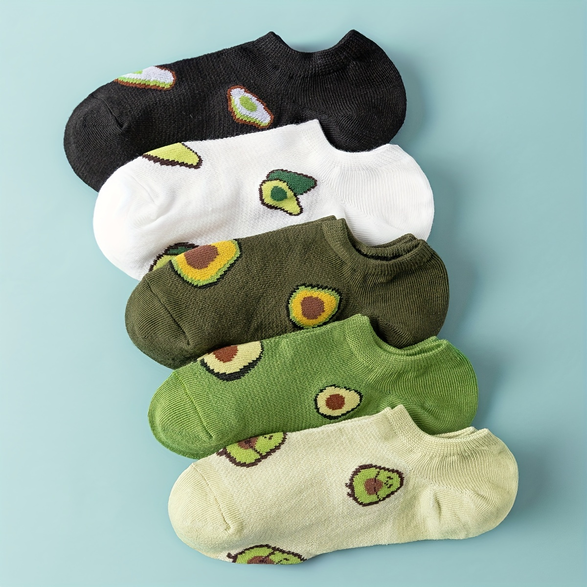 

5 Pairs Avocado Print Crew Socks, Comfy & Cute Low Cut Ankle Socks, Women's Stockings & Hosiery